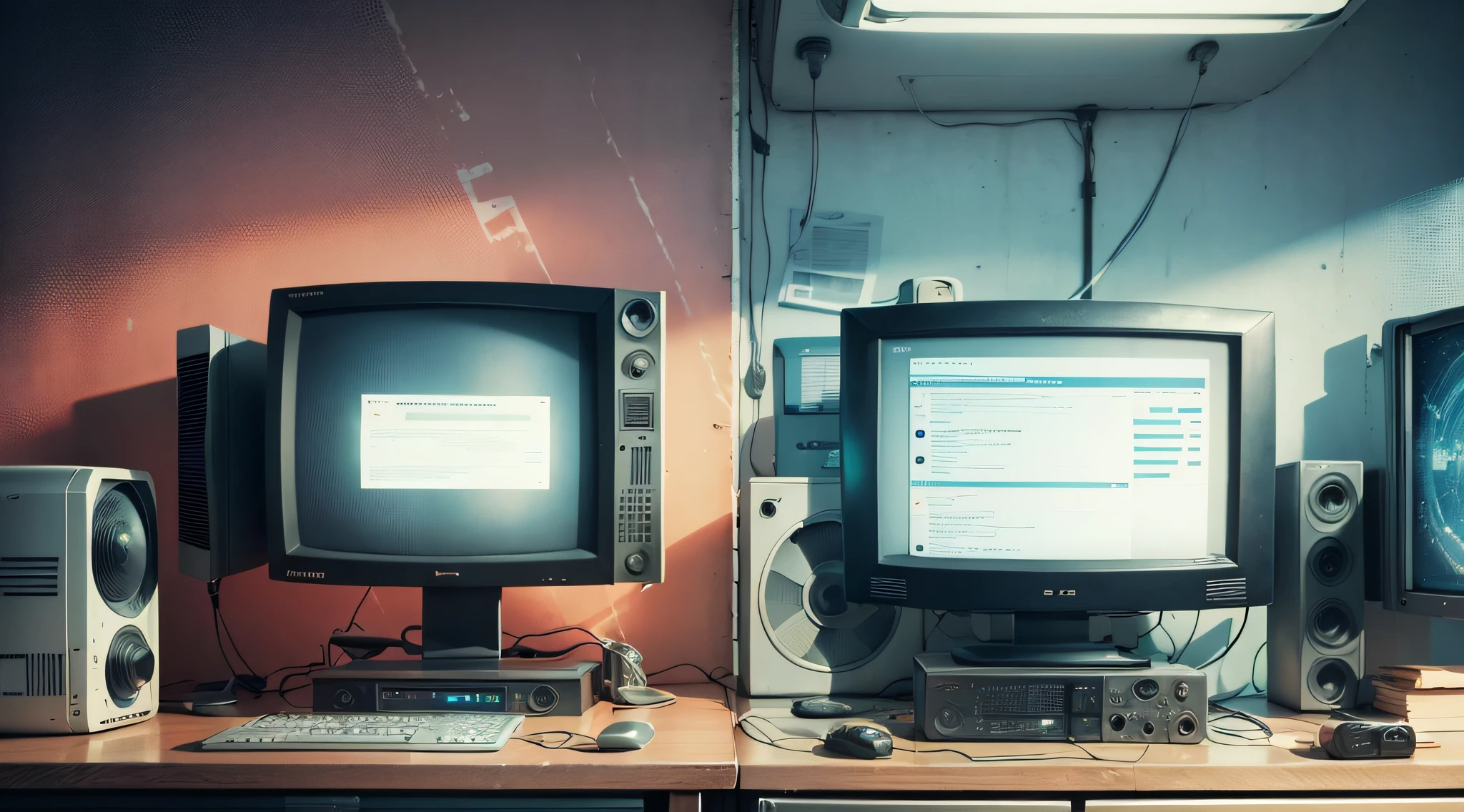 film still, tv switer, 2070s sitcom style, 2 computer monitors, unpainted, sophisticated, symbolic --auto --s2