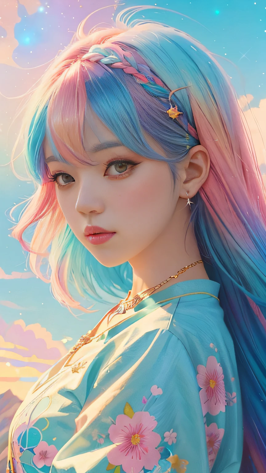 a close up of a woman with colorful hair and a necklace, anime girl with cosmic hair, rossdraws pastel vibrant, artwork in the style of guweiz, fantasy art style, colorful]”, vibrant fantasy style, rossdraws cartoon vibrant, cosmic and colorful, guweiz, colorfull digital fantasy art, stunning art style, beautiful anime style
