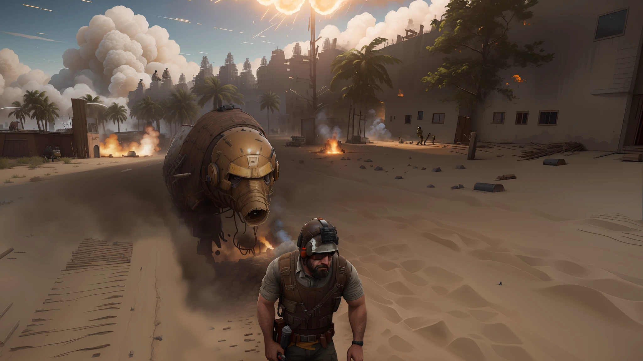 Arafed man holding a dynamite in front of a building, realism in the style of play, realistic, stalenhag style, in pubg, military outpost, in the middle of the battlefield, screenshot of the game, realistic mega structure, shooting it into a building