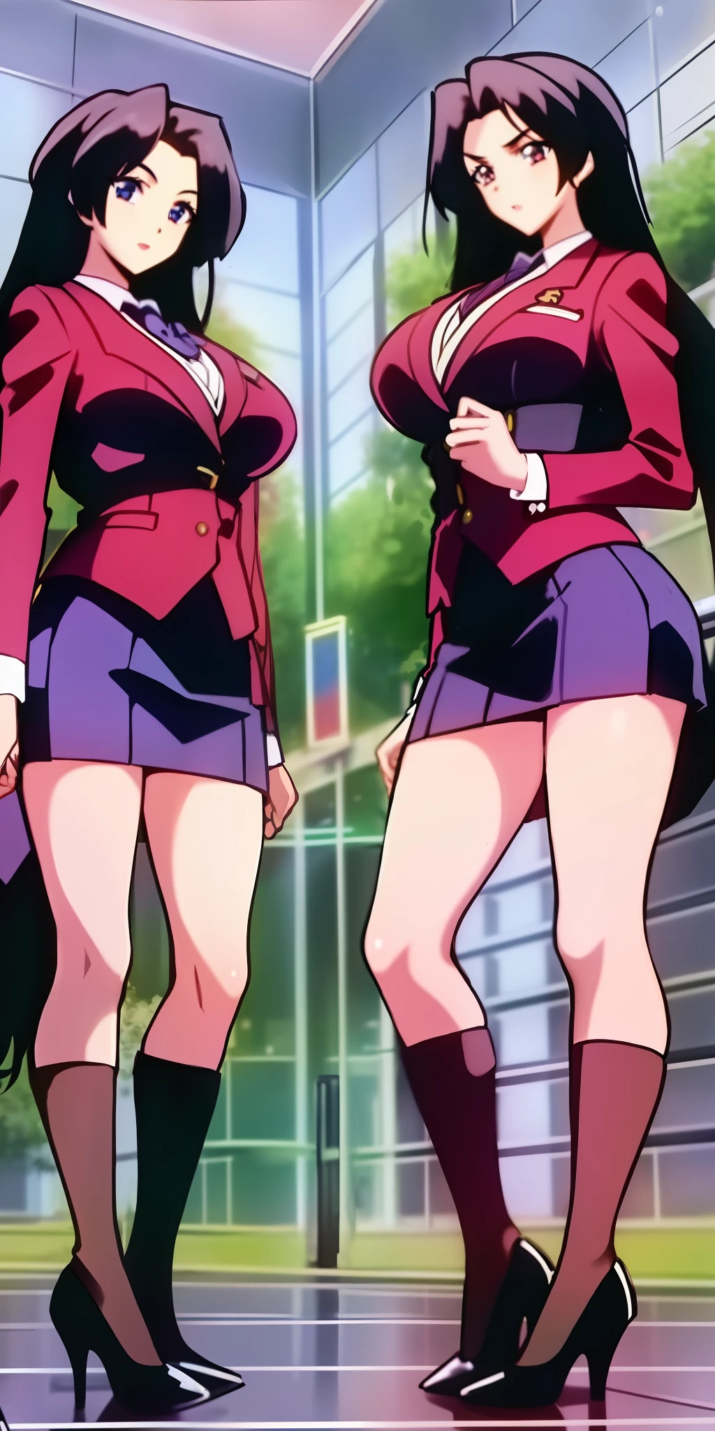 3girls, identical triplets, long curly brown hair, matching hairstyle, large_breasts, ErinaSkirtSuit, skirt suit, short skirt, high heels, matching outfits, extremely detailed
