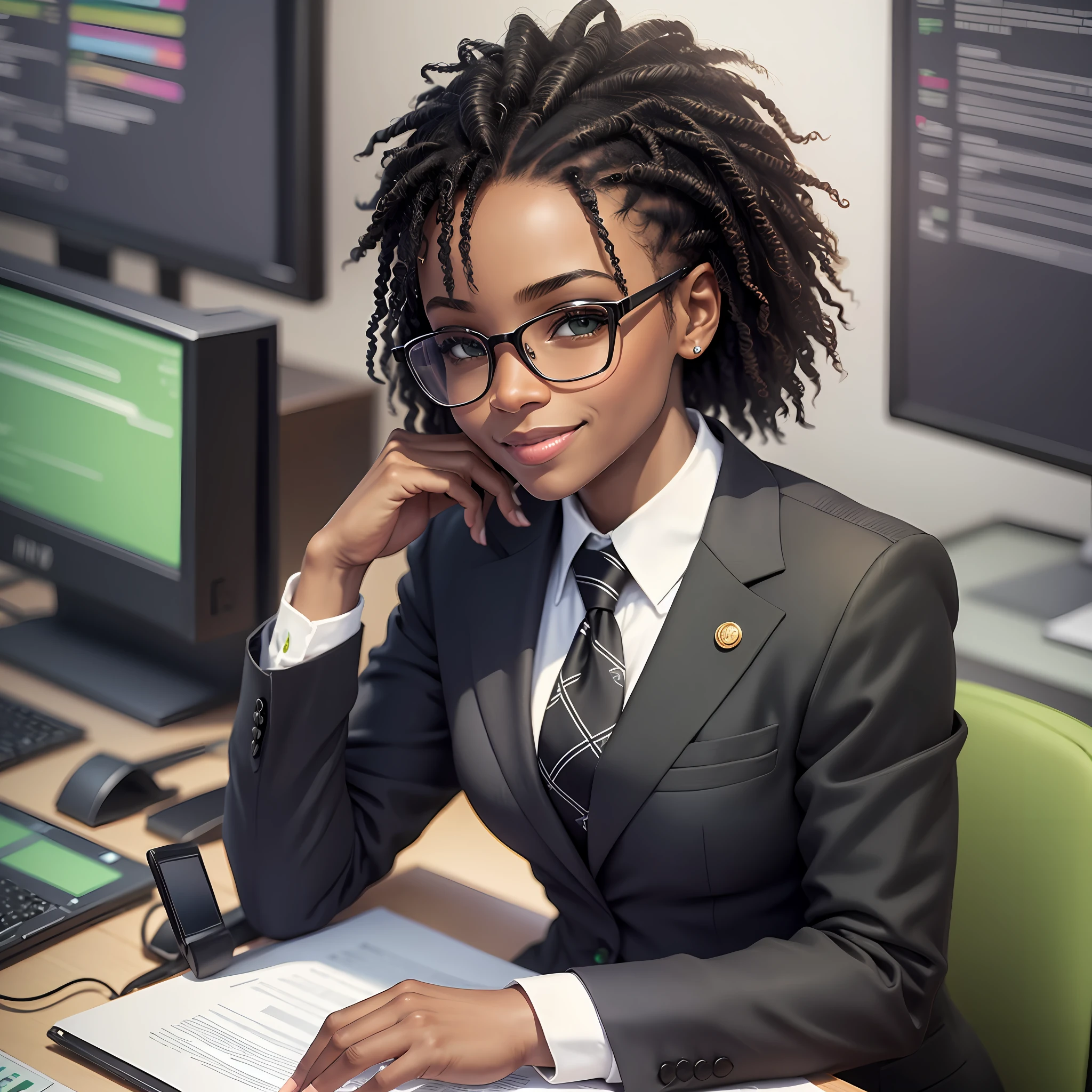 African american woman sitting in office, looking at laptop, smile on face, add detail:1, charcoal black suit, dark green tie, clean black office, face detail (1:1) --auto --s2