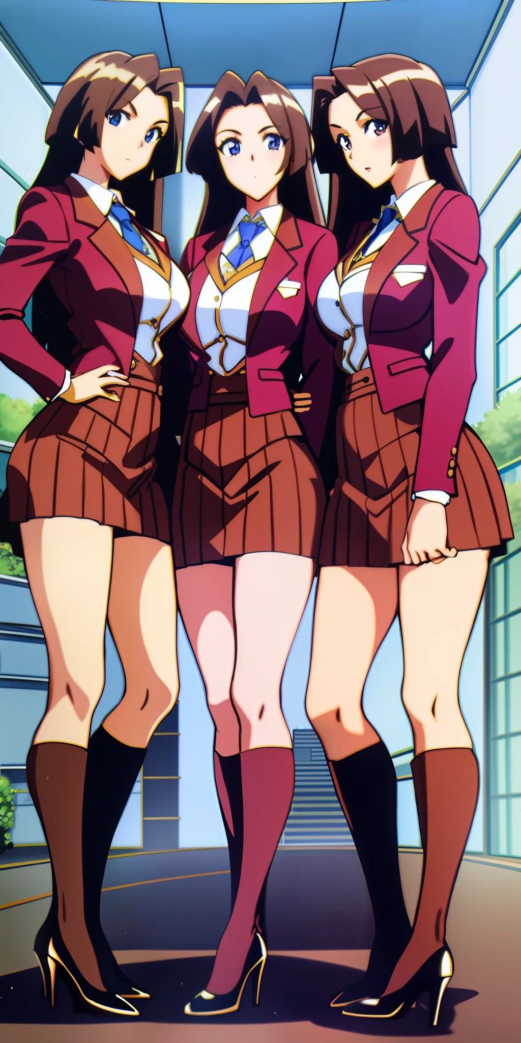 3girls, identical triplets, long curly brown hair, matching hairstyle, large_breasts, ErinaSkirtSuit, skirt suit, short skirt, high heels, matching outfits, extremely detailed