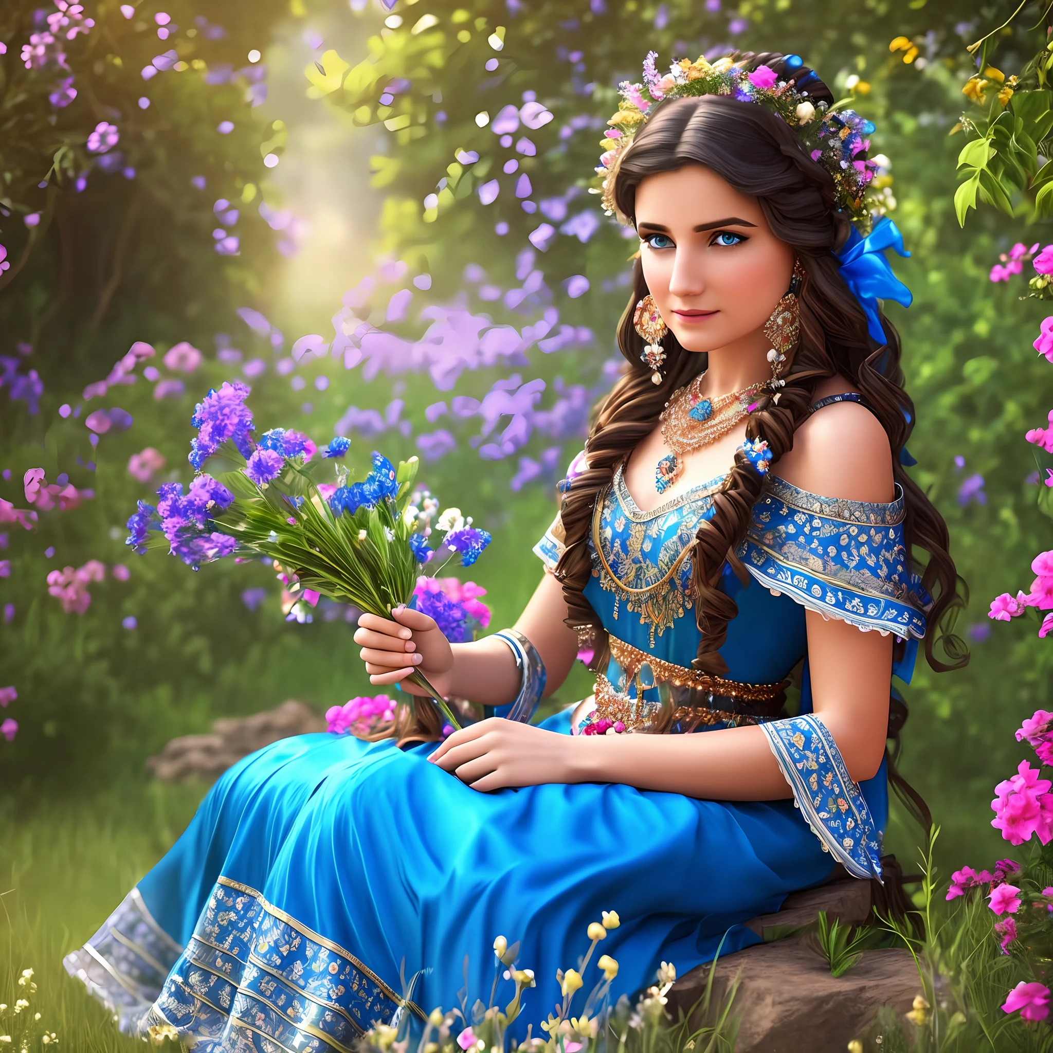 Gypsy with blue dress, fan, jewelry, flowers, magical scene, realistic, 8k ,