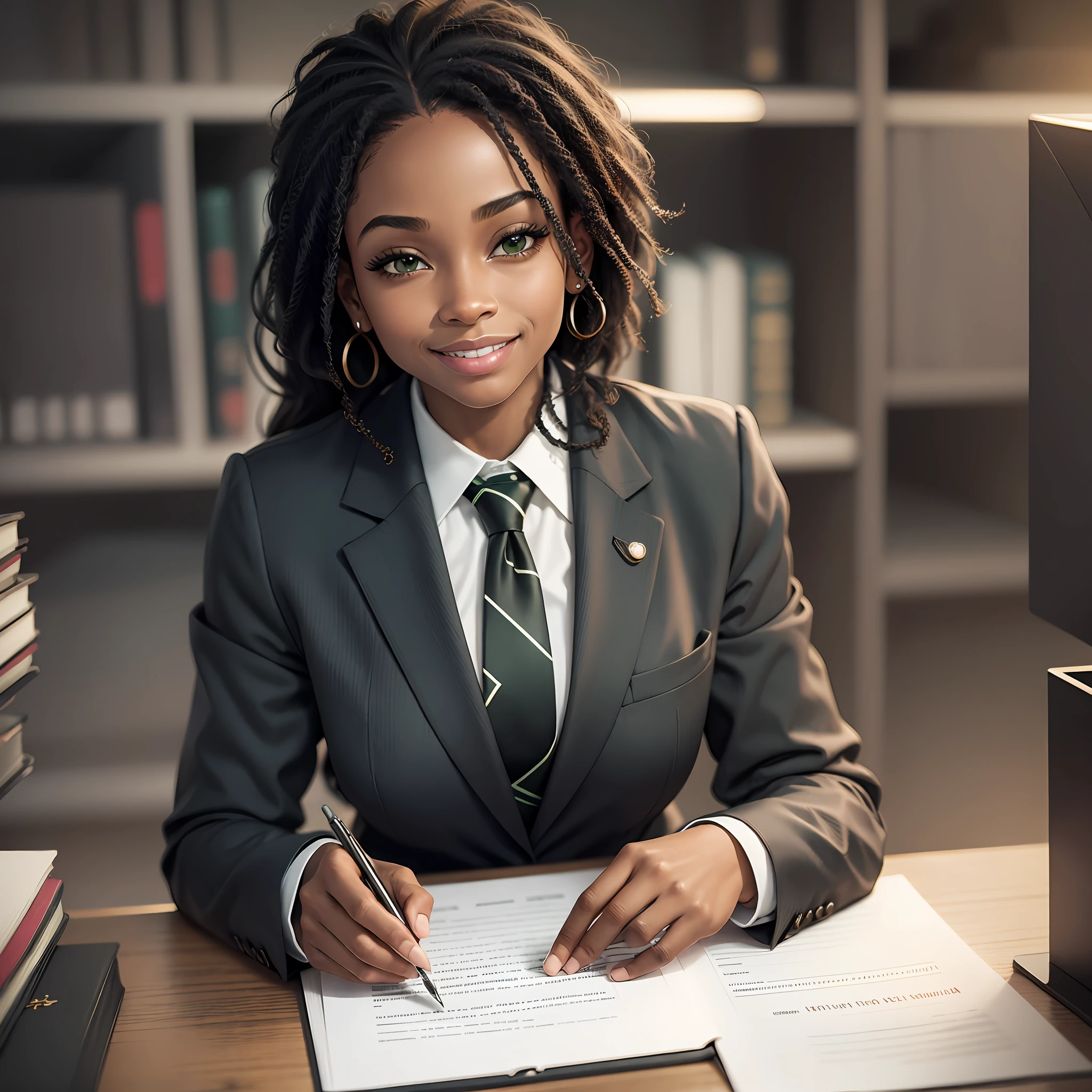 African american woman sitting in office, looking at laptop, smile on face, add detail:1, charcoal black suit, dark green tie, clean black office, face detail (1:1) --auto --s2