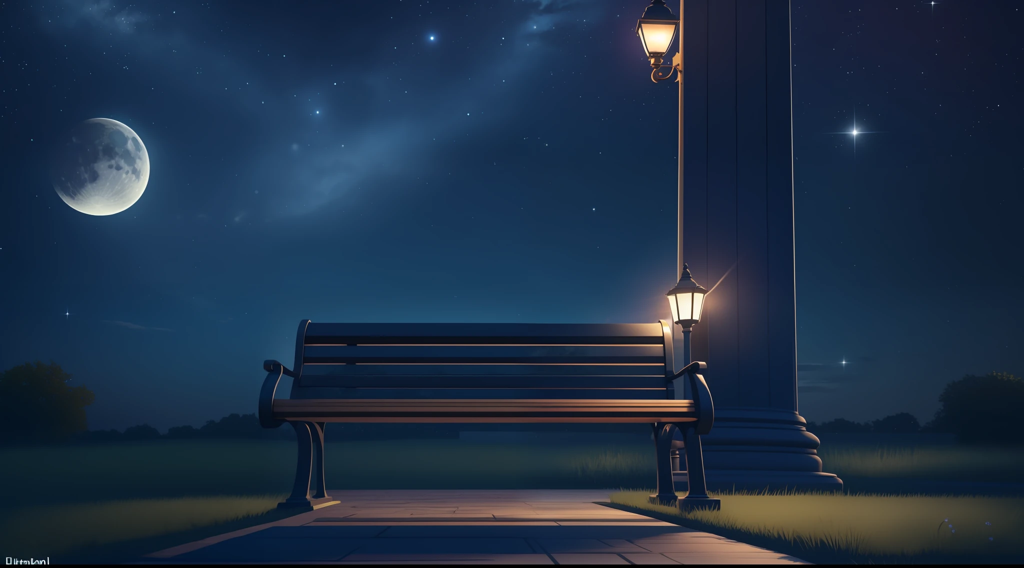 night, night time view, lamp post, bench, park, grass, starry night, stars, moon, space, ray traced, realistic