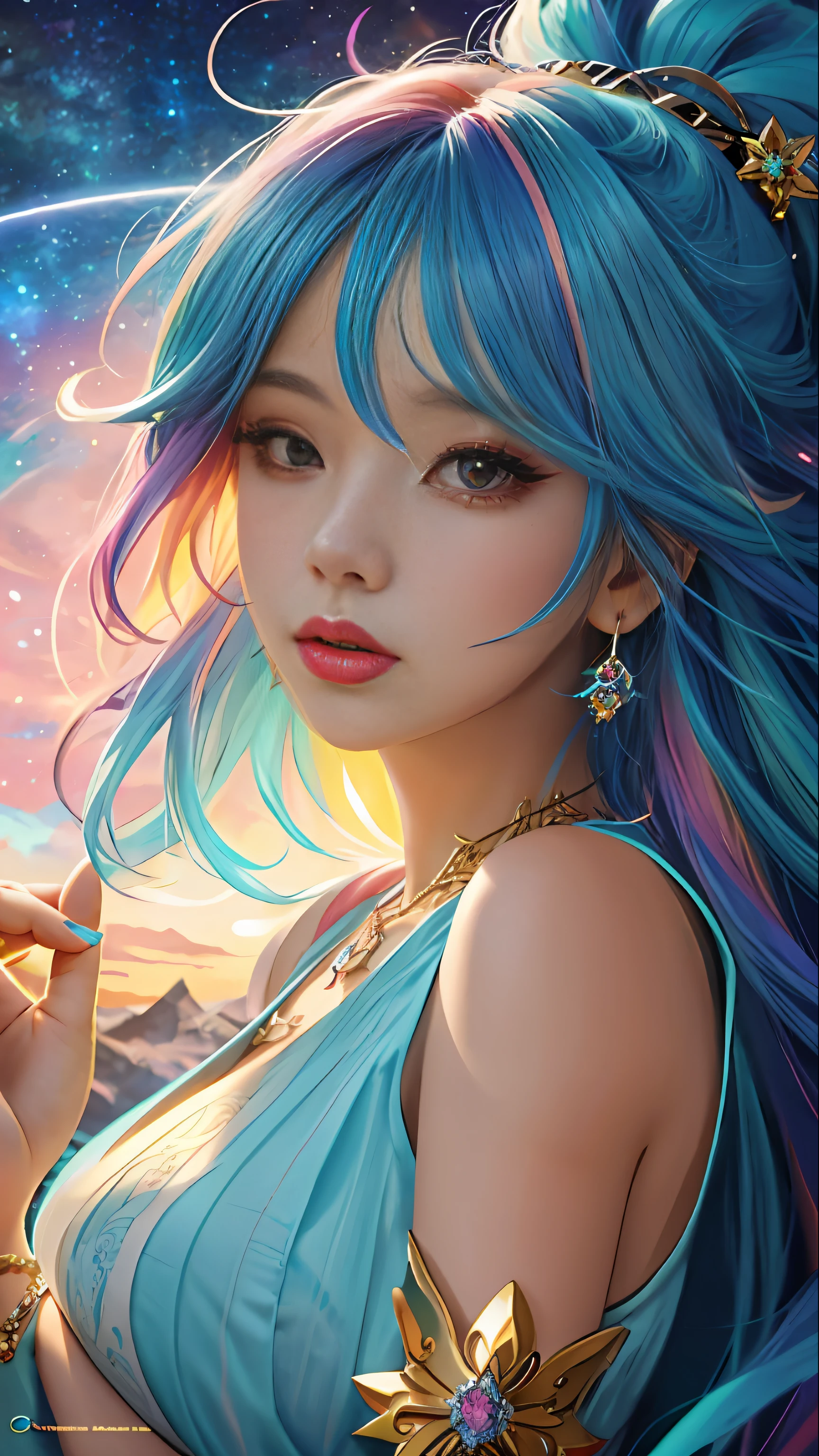Close-up of a woman with colorful hair and necklace, anime girl with cosmic hair, Rossdraws' soft vitality, Guvez style artwork, fantasy art style, colorful]", vibrant fantasy style, Rossdraws cartoon full of vitality, cosmic and colorful, Guweiz, colorful digital fantasy art, stunning art style, beautiful anime style, full body lighting, skin brightening, sexy expression