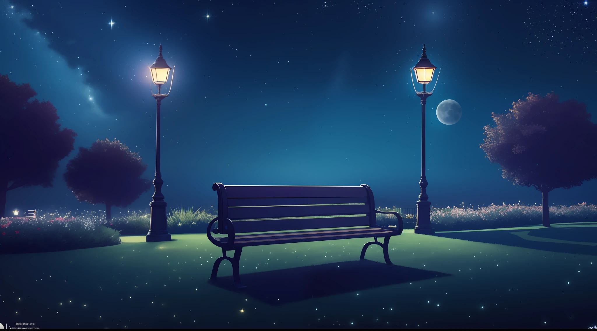 night, night time view, lamp post, bench, park, grass, starry night, stars, moon, space, ray traced, realistic