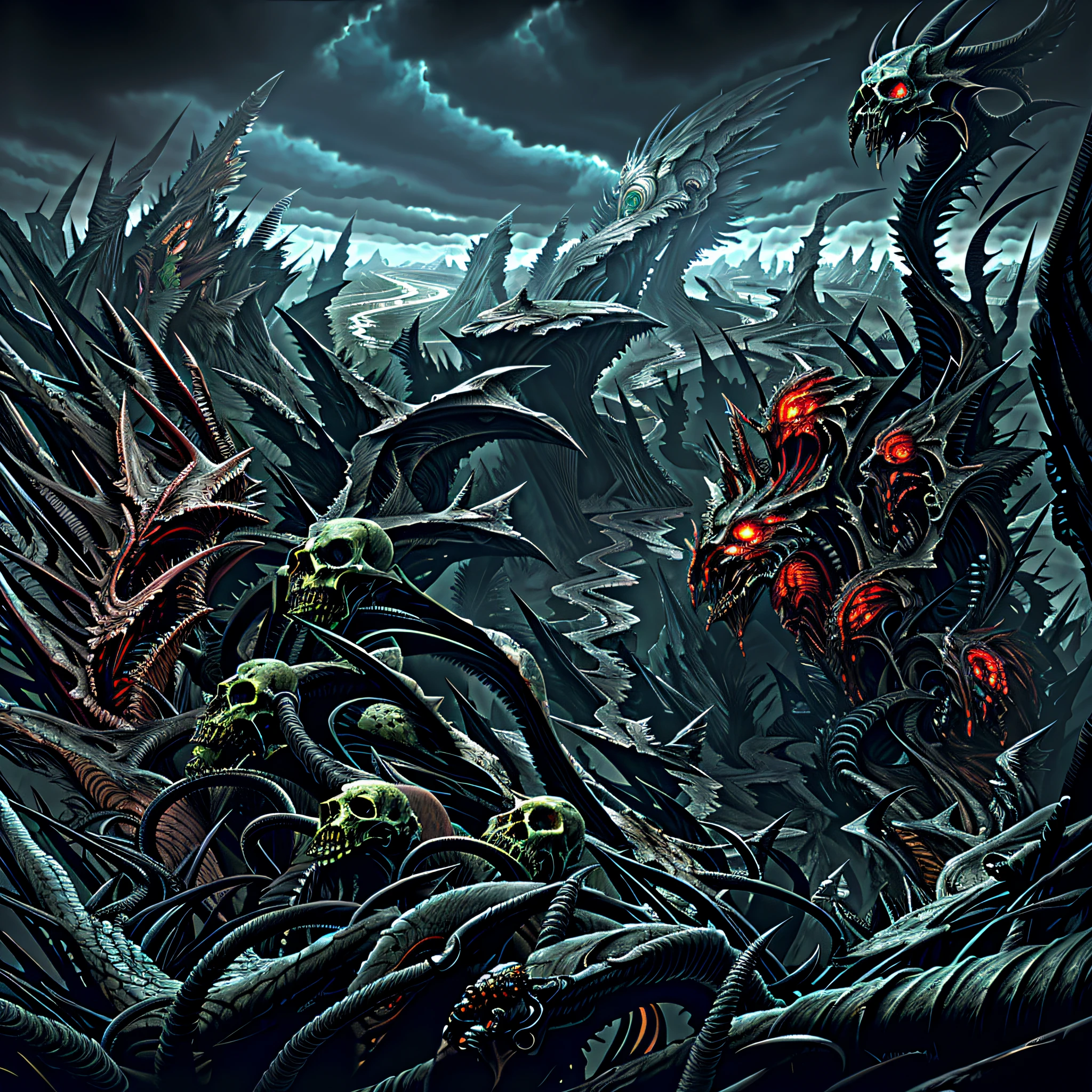 A Death Metal artwork, dynamic angle, view from the top of the peak,full of different biomechanical rock sculptures of horror, a landscape of madness, rotten ends, thorns, artstation, UHD, unreal engine, line art drawing style. Dark and green colors.