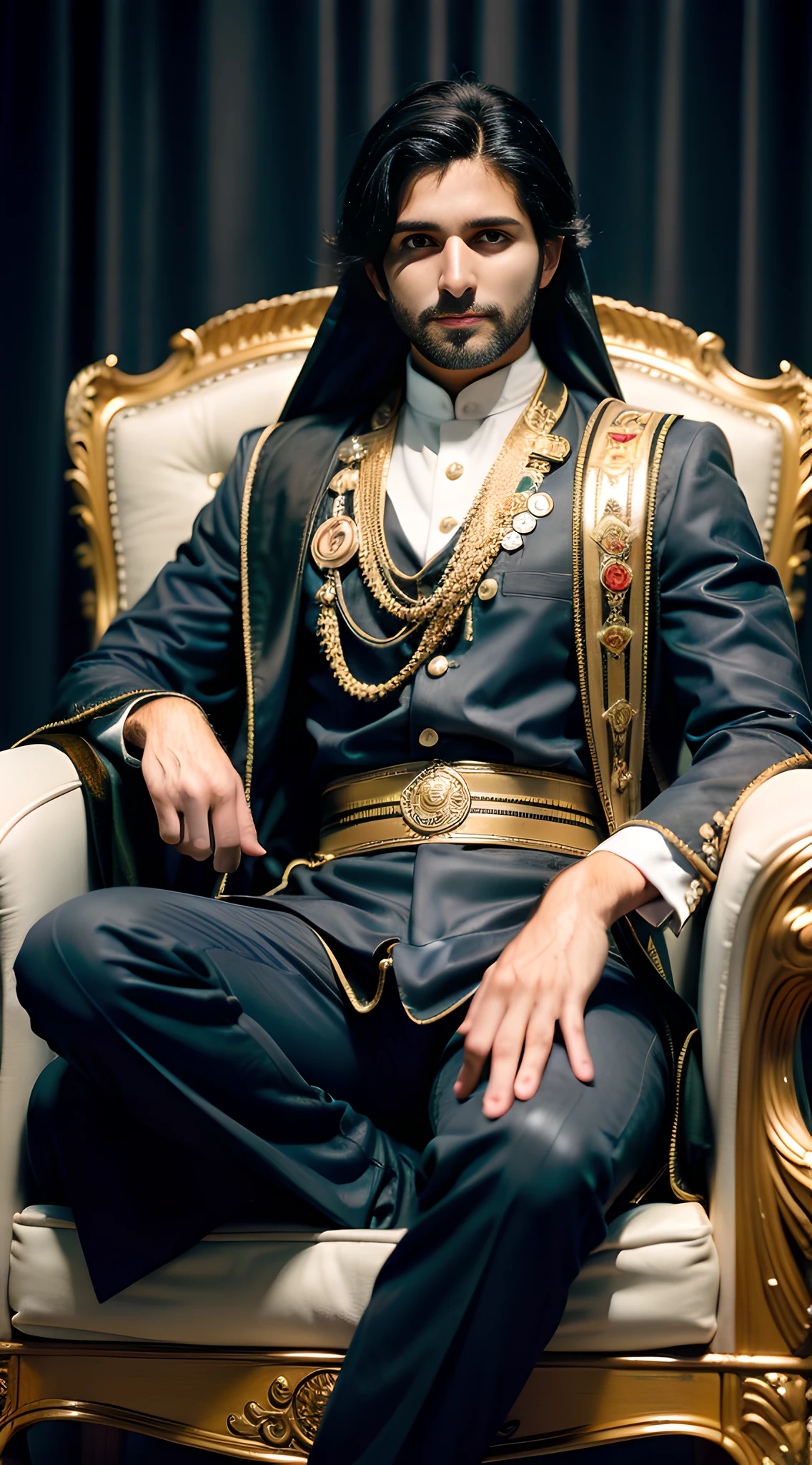 (man) (sitting on a golden chair), handsome muscular young boy, teenager, mischievous smile, spread his legs, Hamdan bin Mohammed AI maktoum, Crown Prince of Dubai, (high detail: 1 of 1), natural skin, high quality, beautiful eyes, (detailed face and eyes), (face: 1 2), noise, real photo, PSD, Sharp Focus, High Resolution 8K, Realistic and Professional Photography, 8K UHD, Soft Lighting, High Quality, Film Grain, FUJIFILM XT3