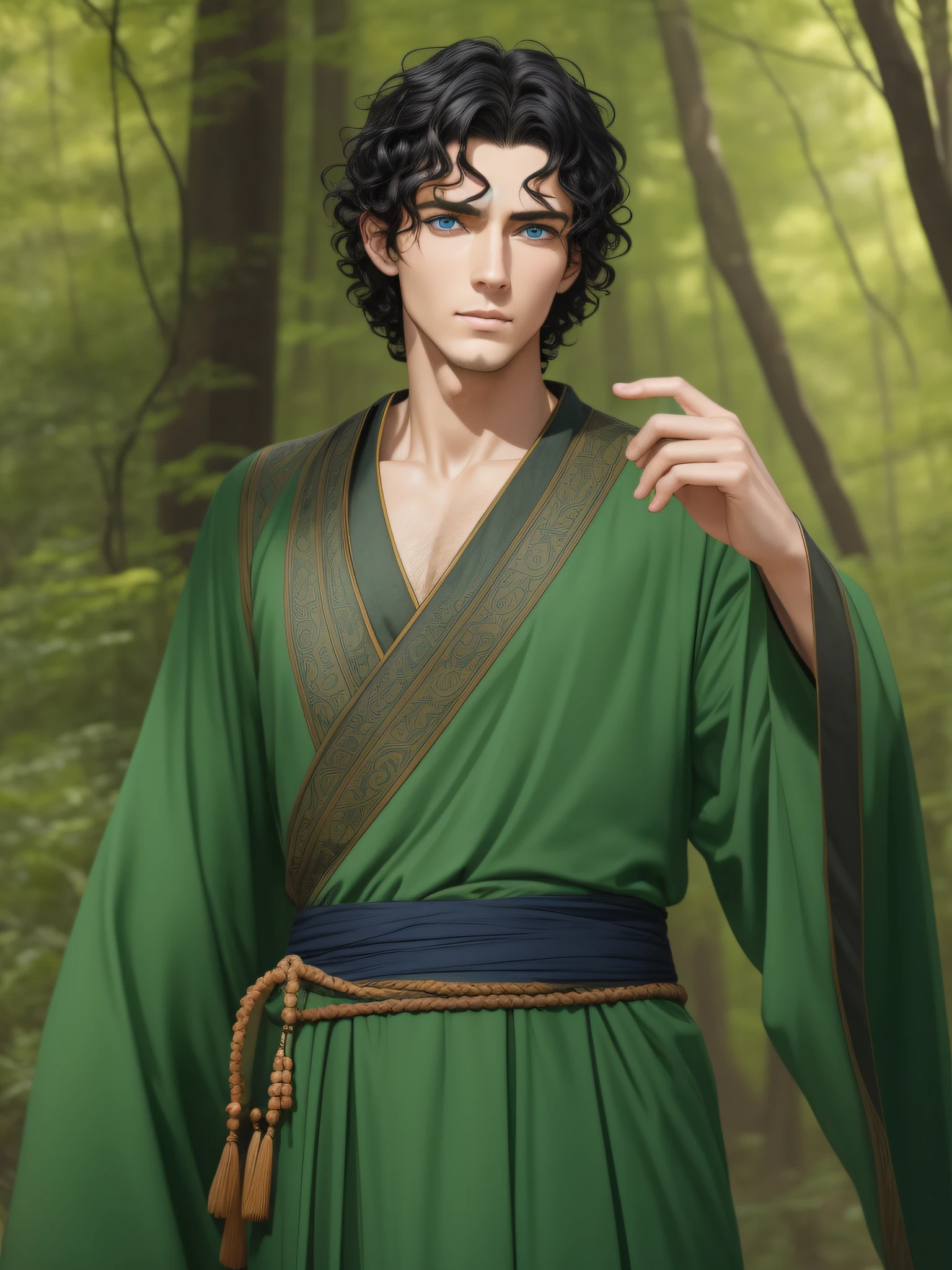 There is a young thin man with a handsome thin face and curly black hair and big blue eyes in the green sunny forest, a thoughtful attentive expression on a handsome face, full-length, dressed in a tunic and old-style pants