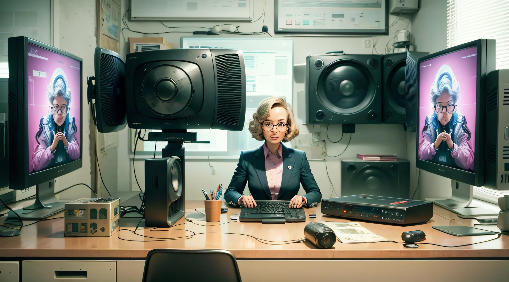 film still, tv switer, 2070s sitcom style, 2 computer monitors, unpainted, sophisticated, symbolic --auto --s2