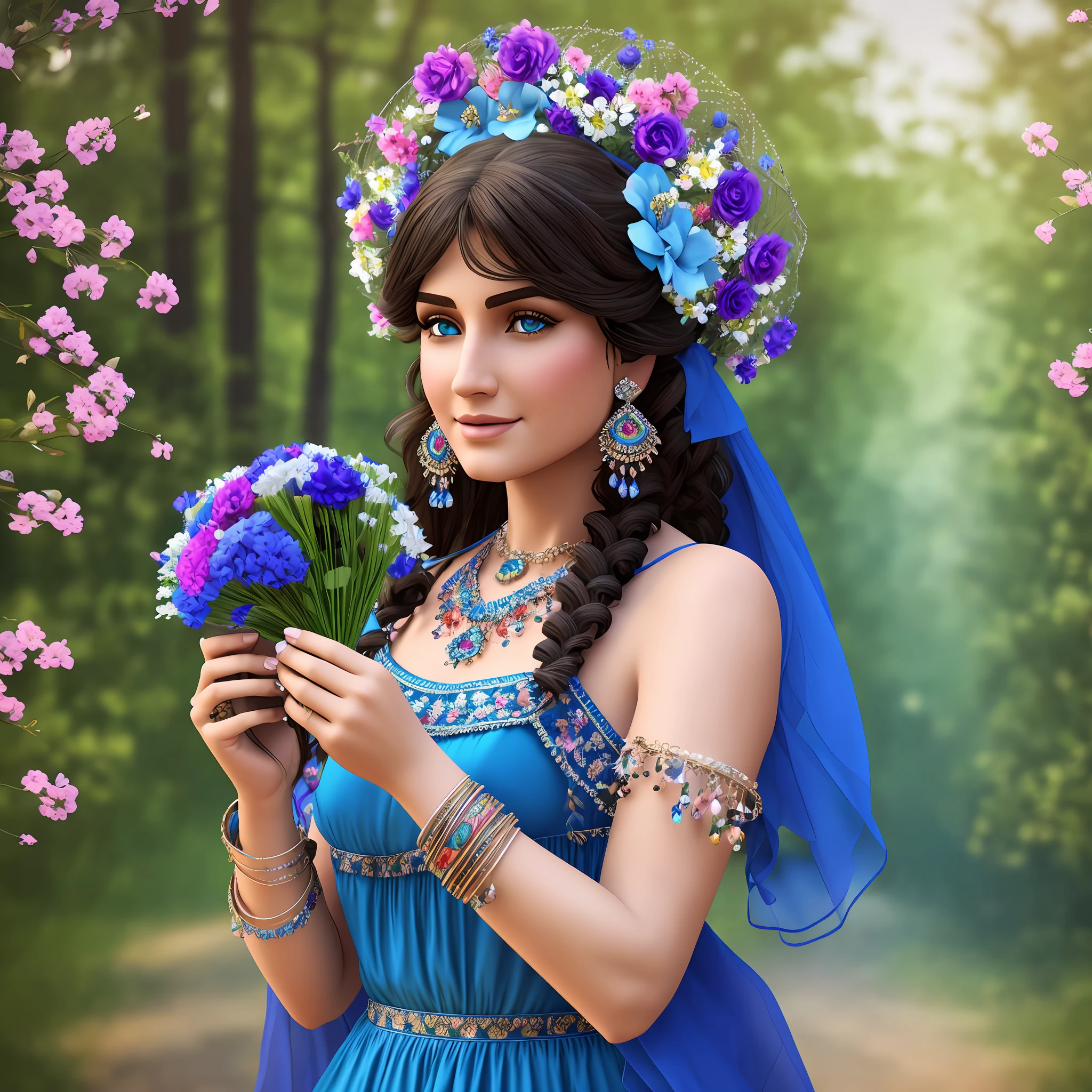 Gypsy with blue dress, fan, jewelry, flowers, magical scene, realistic, 8k ,