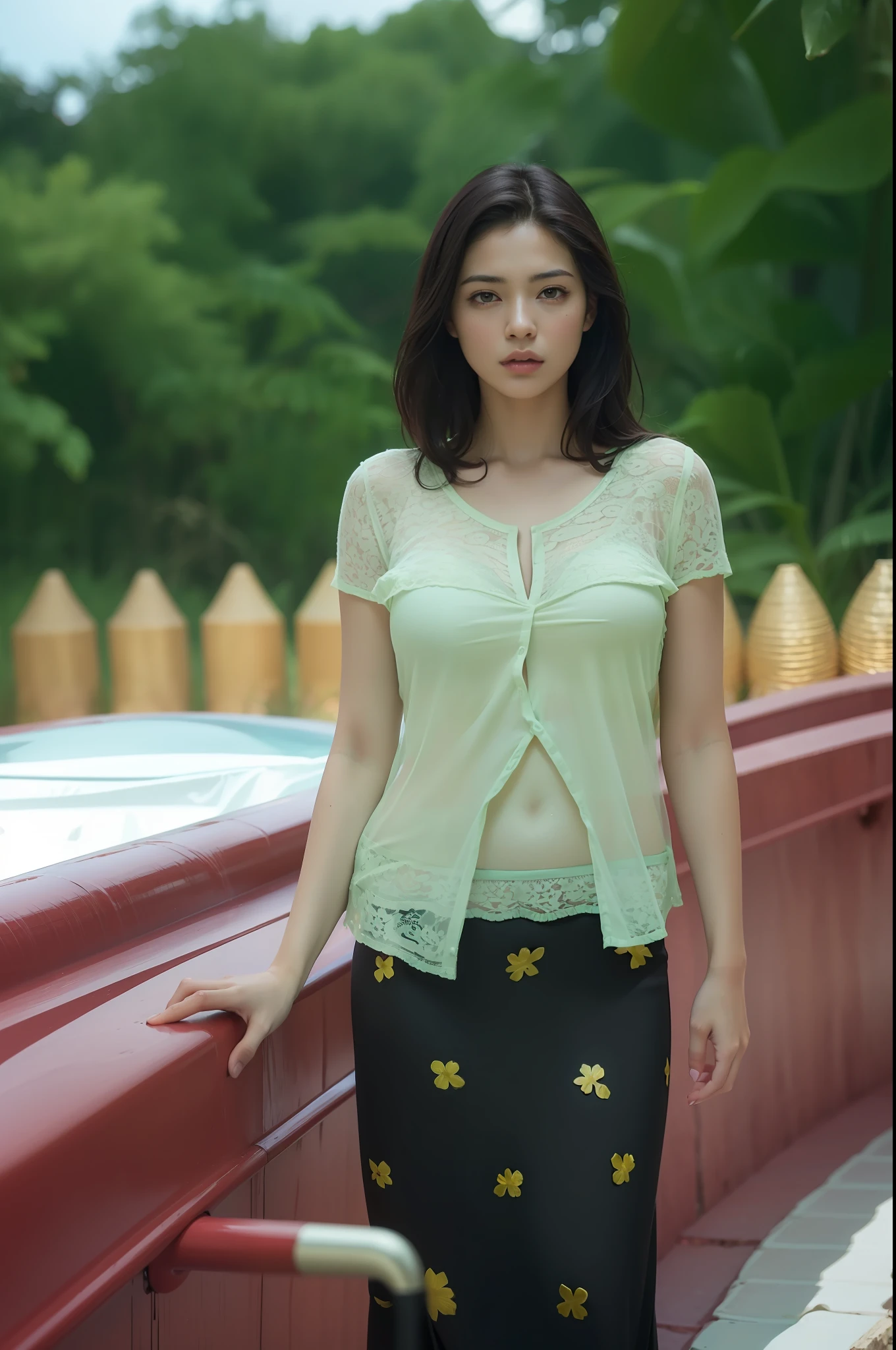 Best quality, masterpiece, ultra high res, (photorealistic:1.4), raw photo, 1girl, DARK hair, dramatic lighting, full body, bitch, micro bikini, huge breasts, in the jungle
