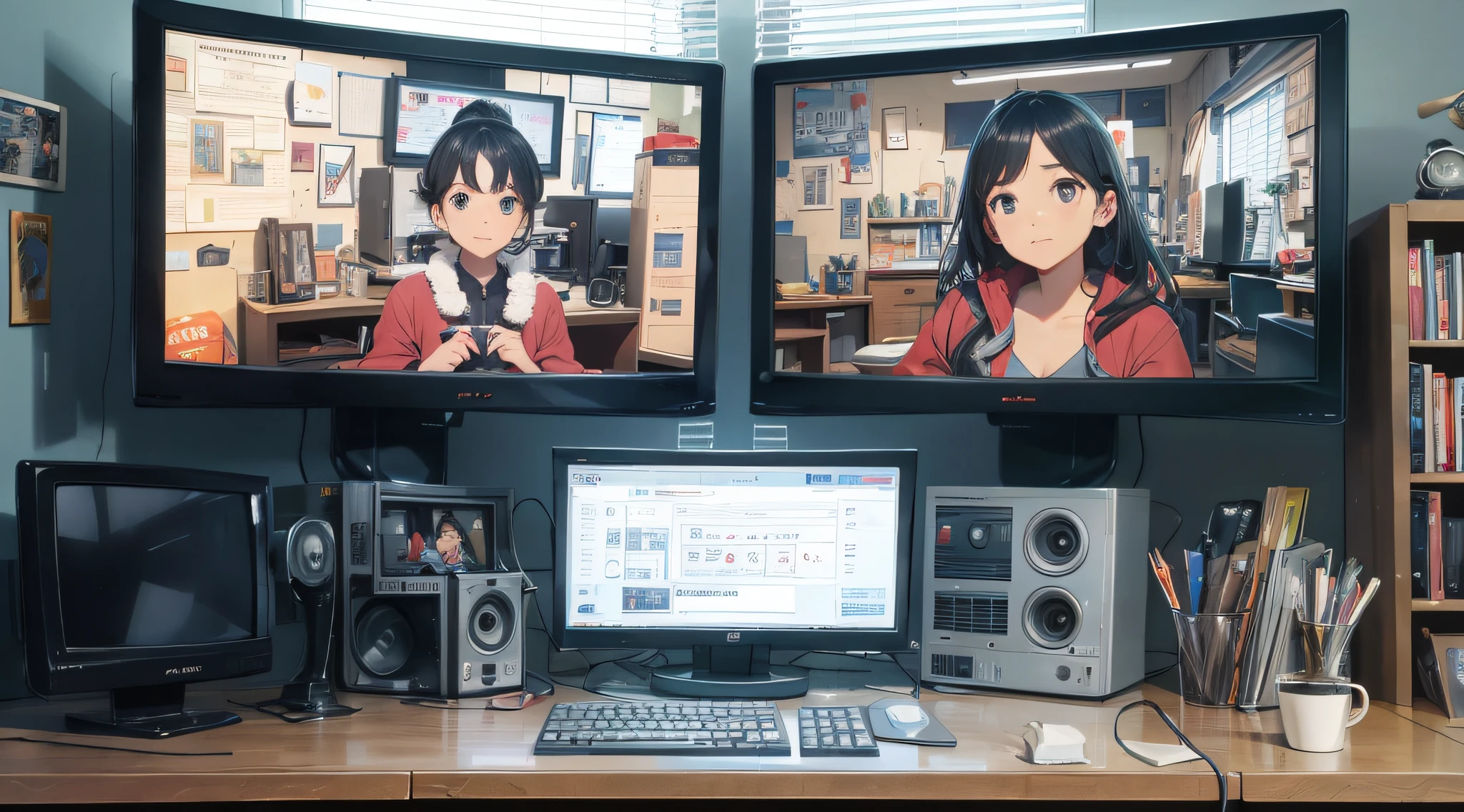 film still, tv switer, 3080s sitcom style, 2 computer monitors, no paintings, sophisticated, symbolic --auto --s2