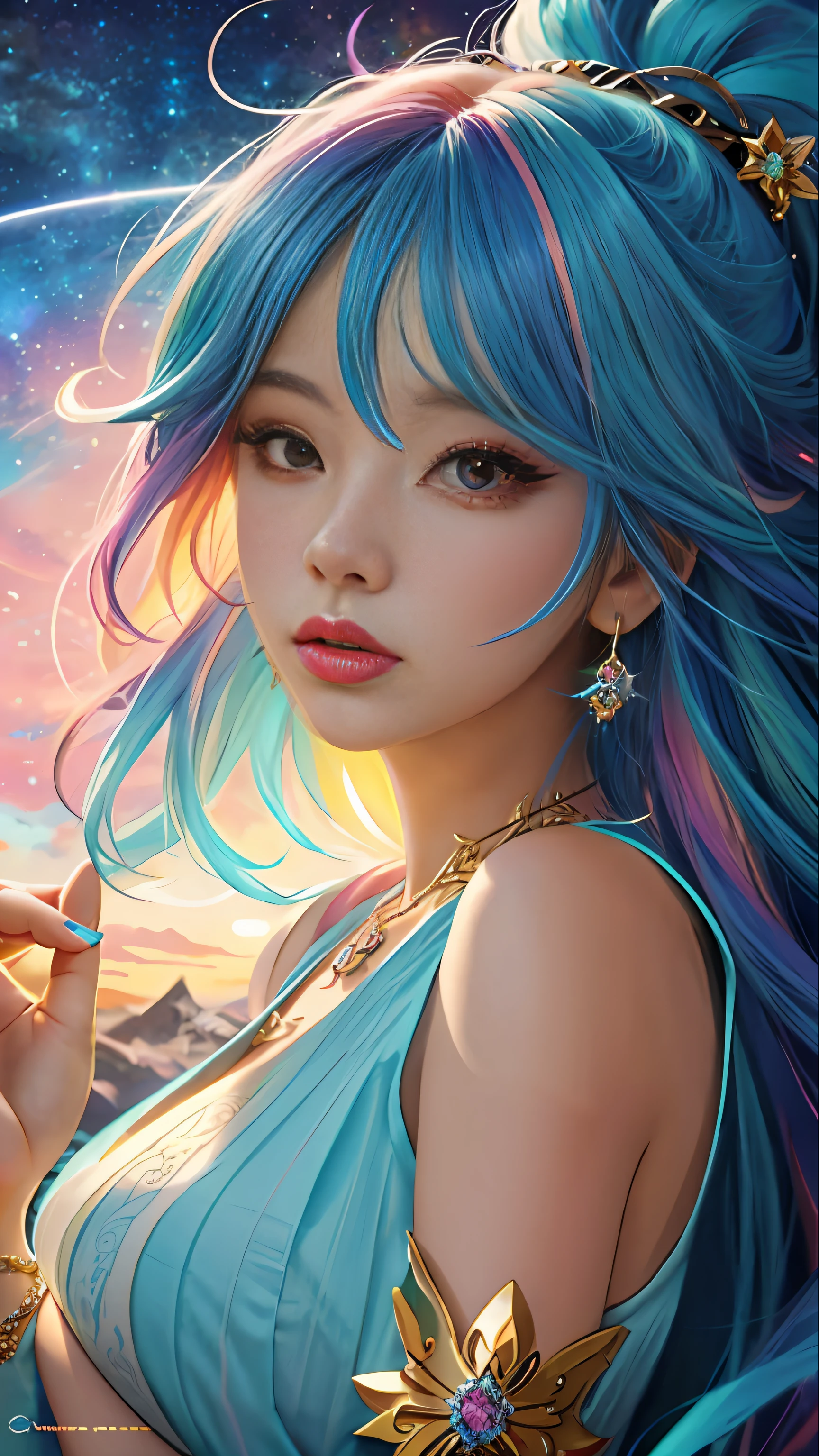 Close-up of a woman with colorful hair and necklace, anime girl with cosmic hair, Rossdraws' soft vitality, Guvez style artwork, fantasy art style, colorful]", vibrant fantasy style, Rossdraws cartoon full of vitality, cosmic and colorful, Guweiz, colorful digital fantasy art, stunning art style, beautiful anime style, full body lighting, skin brightening, sexy expression