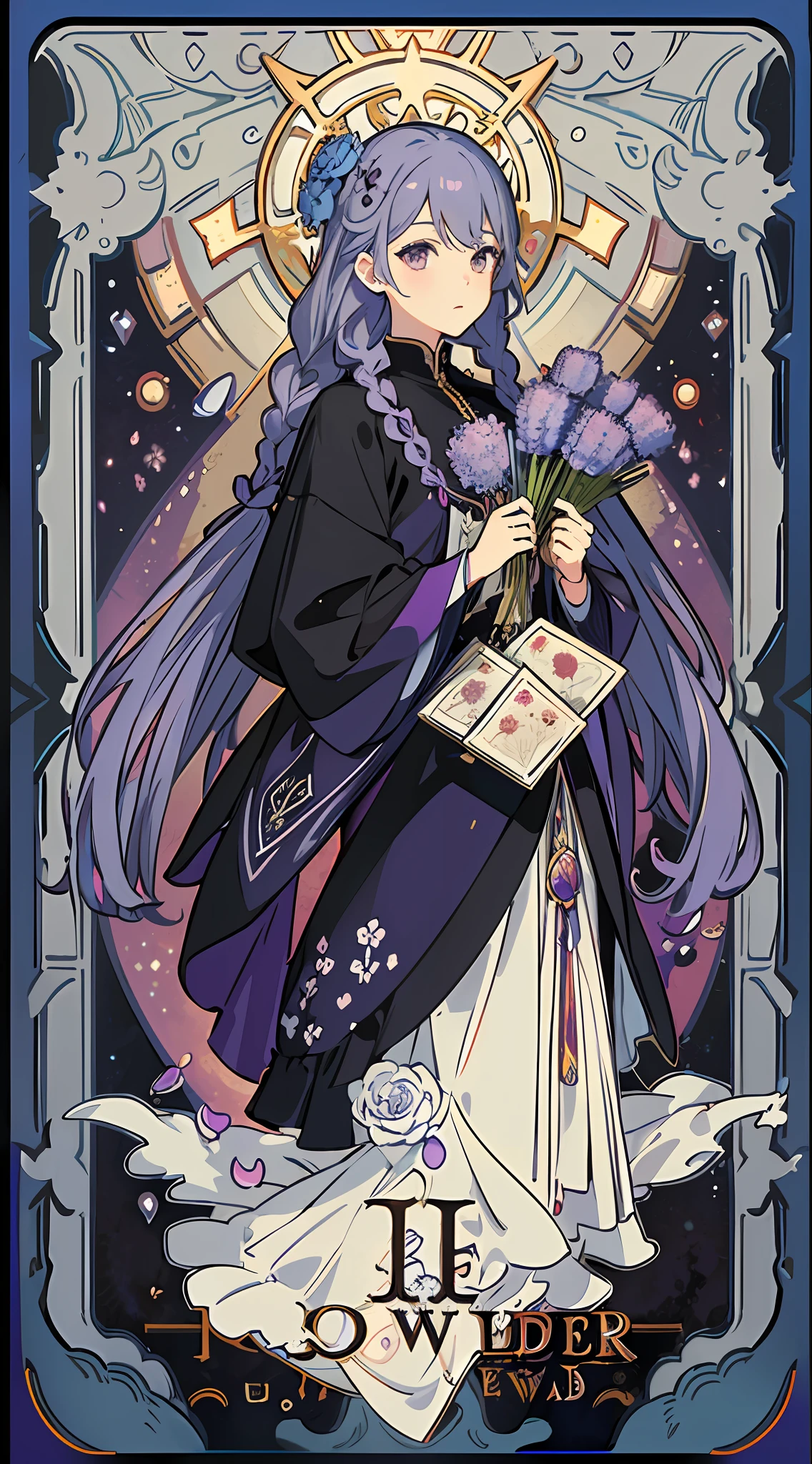 (masterpiece, top quality, best quality, official art, beautiful and aesthetic:1.2), (1girl:1.3), (fractal art:1.3), card, tarot, lavender hair, hearts, twin braids, hair flower, (good lighting:1.1), ((highres)), Tarot card style