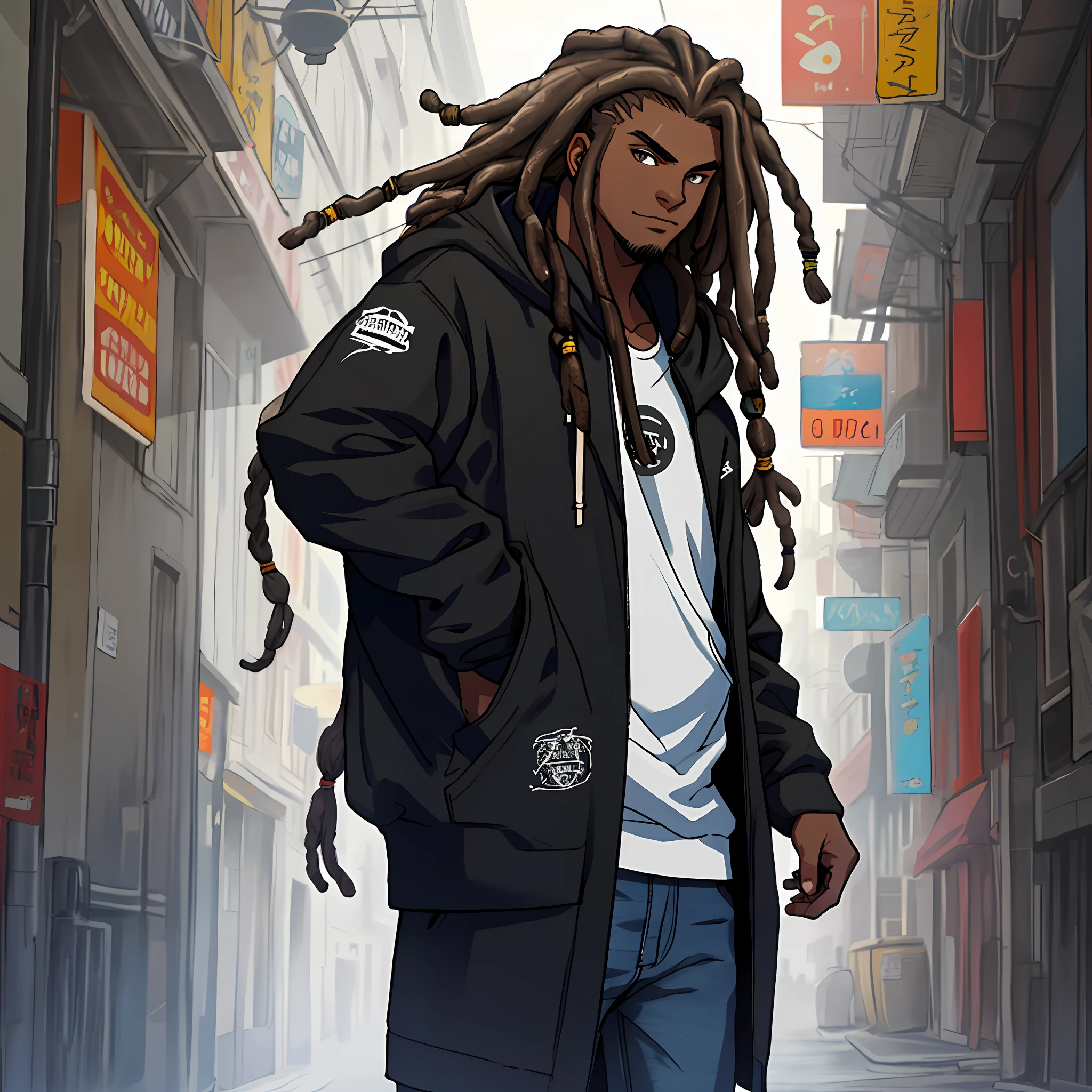 Solo, 1boy, hair dreadlocks, dark skin, hoodie, black coat