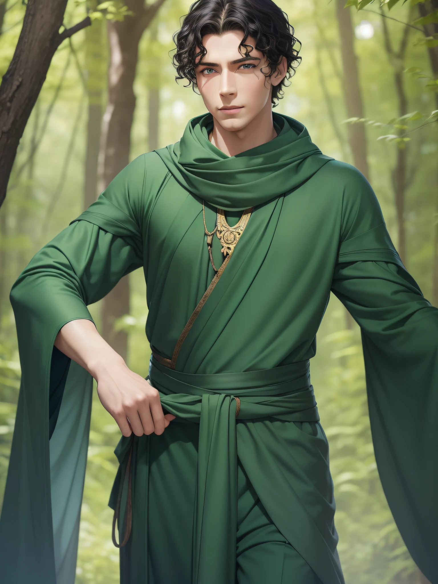 There is a young thin man with a handsome thin face and curly black hair and big blue eyes in the green sunny forest, a thoughtful attentive expression on a handsome face, full-length, dressed in a tunic and old-style pants