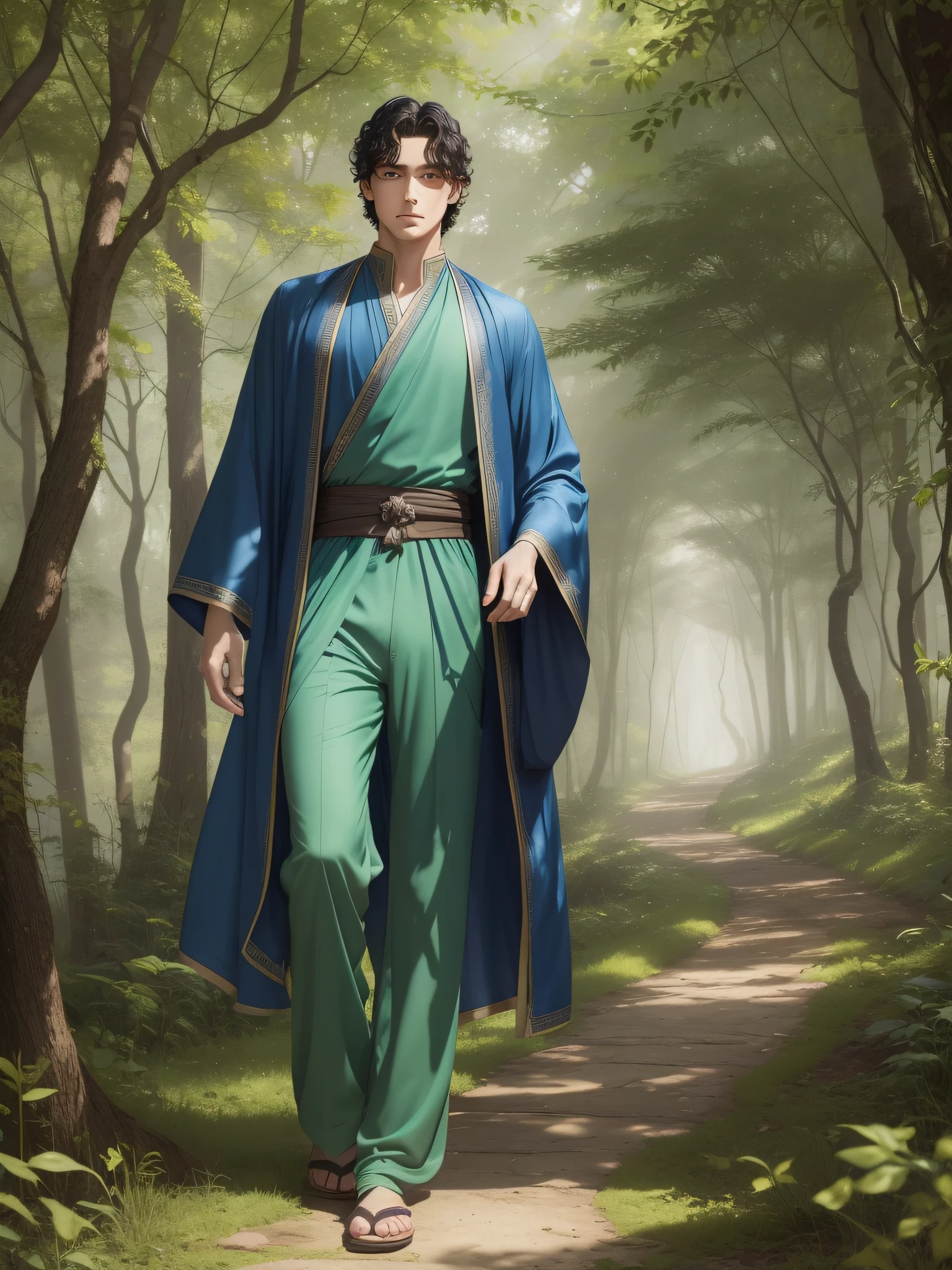 There is a young thin man with a handsome thin face and curly black hair and big blue eyes in the green sunny forest, a thoughtful attentive expression on a handsome face, full-length, dressed in a tunic and old-style pants