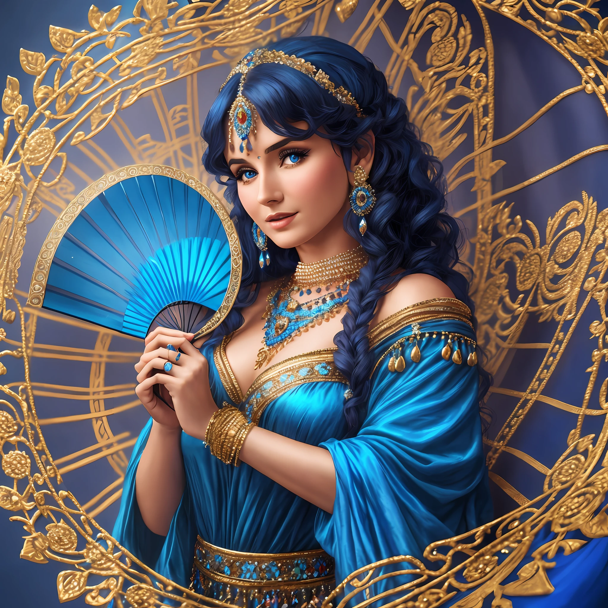 "Gypsy in blue dress, holding a fan and wearing jewelry, in a magical and realistic scene depicted in 8k high resolution."