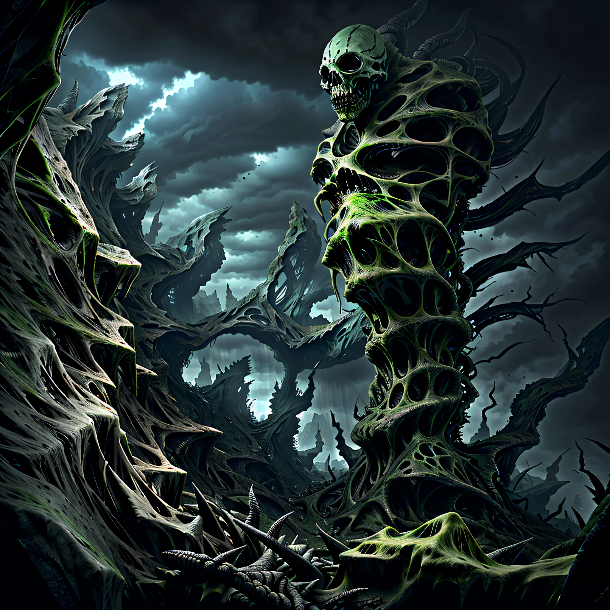 dynamic angle, view from the top of the peak, many horror sculptures in a landscape of madness, horror from the 4th dimension, rotten ends, thorns, artstation, UHD, unreal engine, line art drawing style. Dark and green colors.