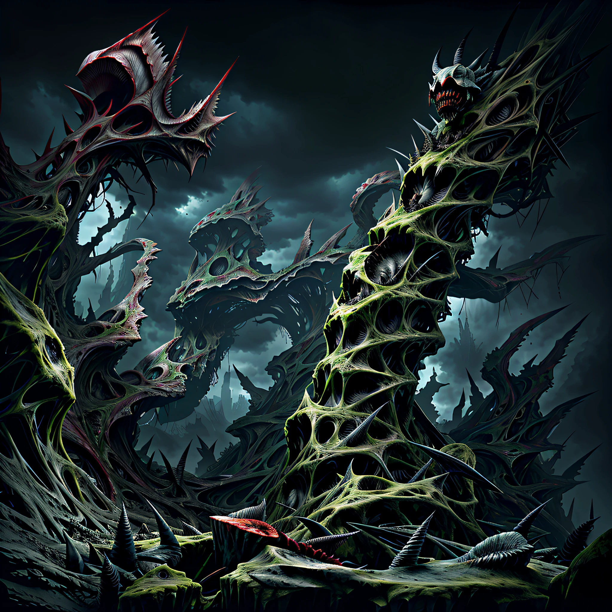 dynamic angle, view from the top of the peak, many horror sculptures in a landscape of madness, horror from the 4th dimension, rotten ends, thorns, artstation, UHD, unreal engine, line art drawing style. Dark and green colors.