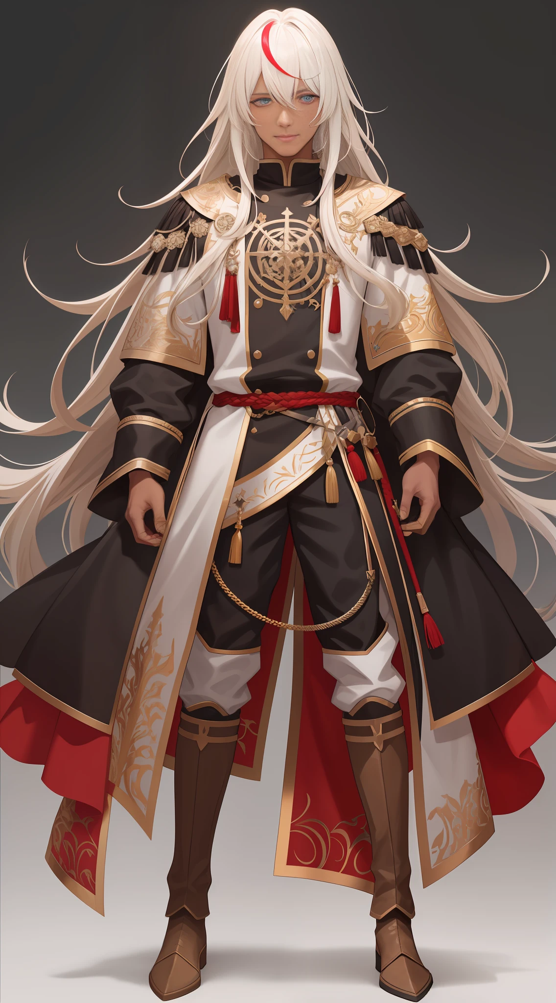 Full body, look straight, {{{man,man,man}}, long hair, {curly}, asymmetrical bangs, single blade, blonde hair, gradient hair, molten metal-like hair, evil smile, intricate details beautiful and delicate eyes, {heterochromic}, {{dark skinned_male}}, {red clothing}, white_background, white_background , white_background,((super detailed)),(masterpiece), highest quality,(illustration),(full length view)))), ((transparent background)),(solo),standing,(wearing boots on feet), {{wearing the uniform of a medieval European knight}},[pants],good young man,beautiful detailed eyes,serious face,good looking,,{{glaze}},{{hair shine}},(( Very delicate and beautiful)),Make the same shape and color on both sides,,White background,((ultra-detailed)),best quality,[masterpiece],(1 man),solo,((full body)),(wearing shoes on feet),masterpiece,high zuality, a young man,((good looking)), streaked hair,bangs,hair,ornament,multicolored hair,streaked hair,ahoge,complex cloth, arms at sides,((good looking)),(upright),standing,virtual youtuber,young man,[[ blush]],concept art, solo,1 young man,((full length)),wearing boots,((looking at biewer)),((View front)),white background,simple background,,(uselessness),young man, beautiful detailed eyes, (good looking),((an extremely delicate and beautiful)),make the eyes the same shape and color on both sideswhole body, view straight on, {{guy,man,male}}, {long hair}, {curly hair}, asymmetrical bangs, single braid, blonde hair, {gradient hair}, messy long hair, ahoge, evil smile, complex details beautiful and delicate eyes, {heterochromic}, {dark-skinned_male} , red Clothes, white_background, white_background, white_background,