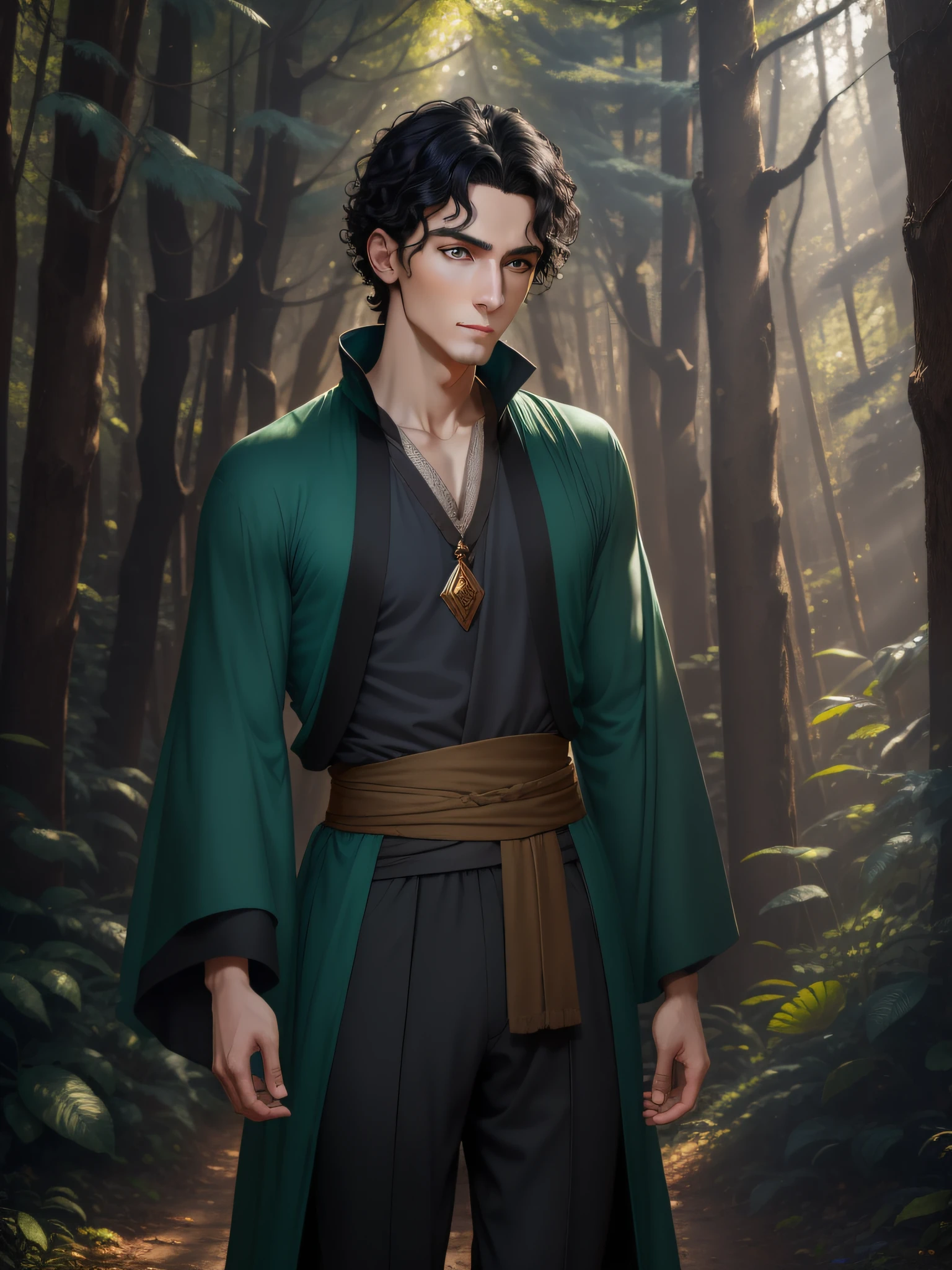 There is a young thin man with a handsome thin face and curly black hair and big blue eyes in the green sunny forest, a thoughtful attentive expression on a handsome face, full-length, dressed in a tunic and old-style pants