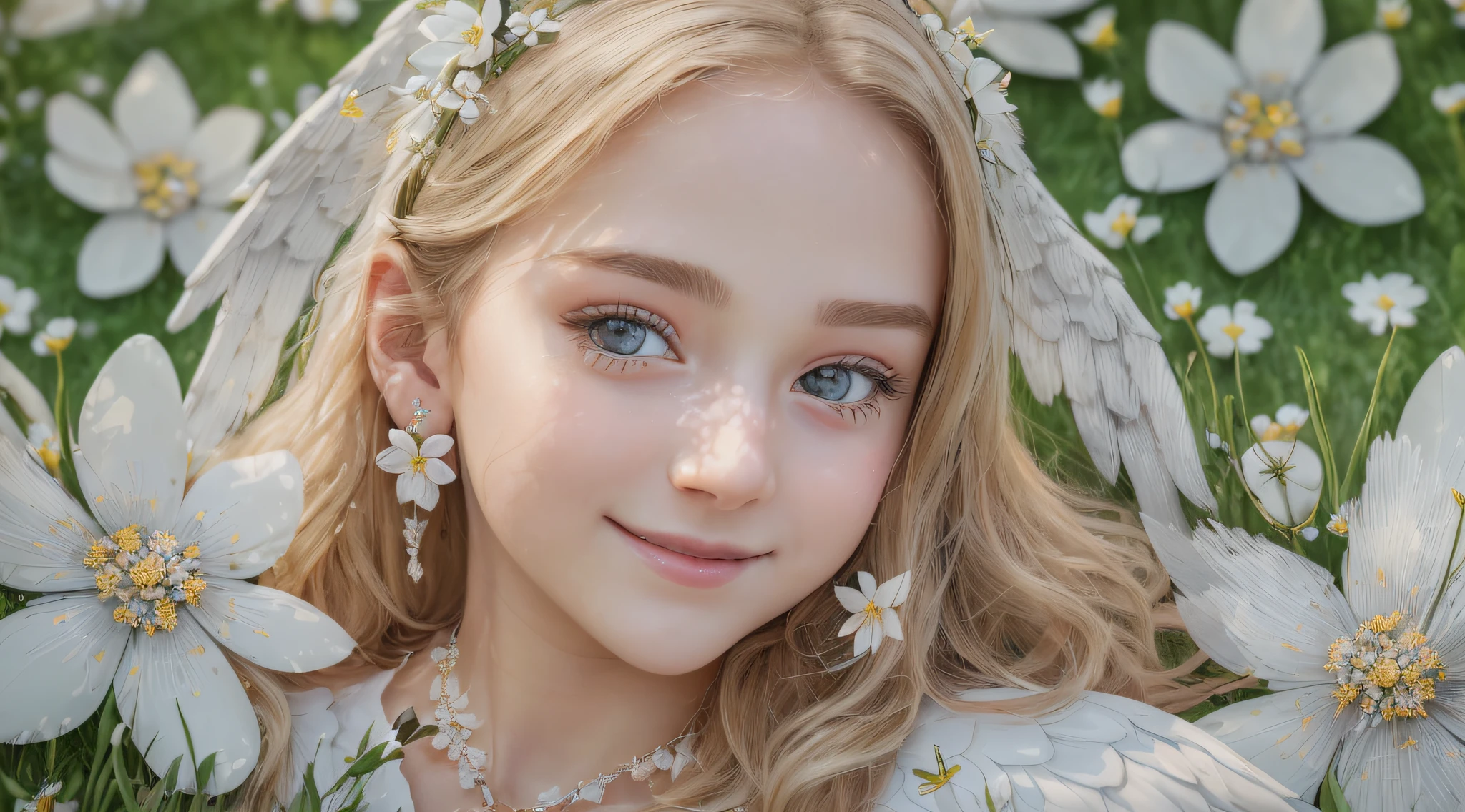 delicate, masterpiece, beautiful detailed, colorful, finely detailed, (50mm Sigma f/1.4 ZEISS lens, F1.4, 1/800s, ISO 100, fotograpy:1.1), lens flare, (photorealistic:1.1), detailed lips, intricate details, 1girl, solo, (a beautiful 8-year-old girl), blonde hair, (angel wings:1.4), (white wings:1.2), (symmetrical wings: 1.5), (jewelry:1.5), (necklace:1.2), (diamond:1.3), bracelet, earrings, choker, (white thighs:1.2), (looking at the viewer:1.2), sexy pose, erotic pose, front view, (innocent smile:1.3), (covered, (on a field background of flowers:1.5), sky, (detailed background), (blurred background:0.8), (white flower:1.3), (pureerosface_v1:0.85), --auto --s2