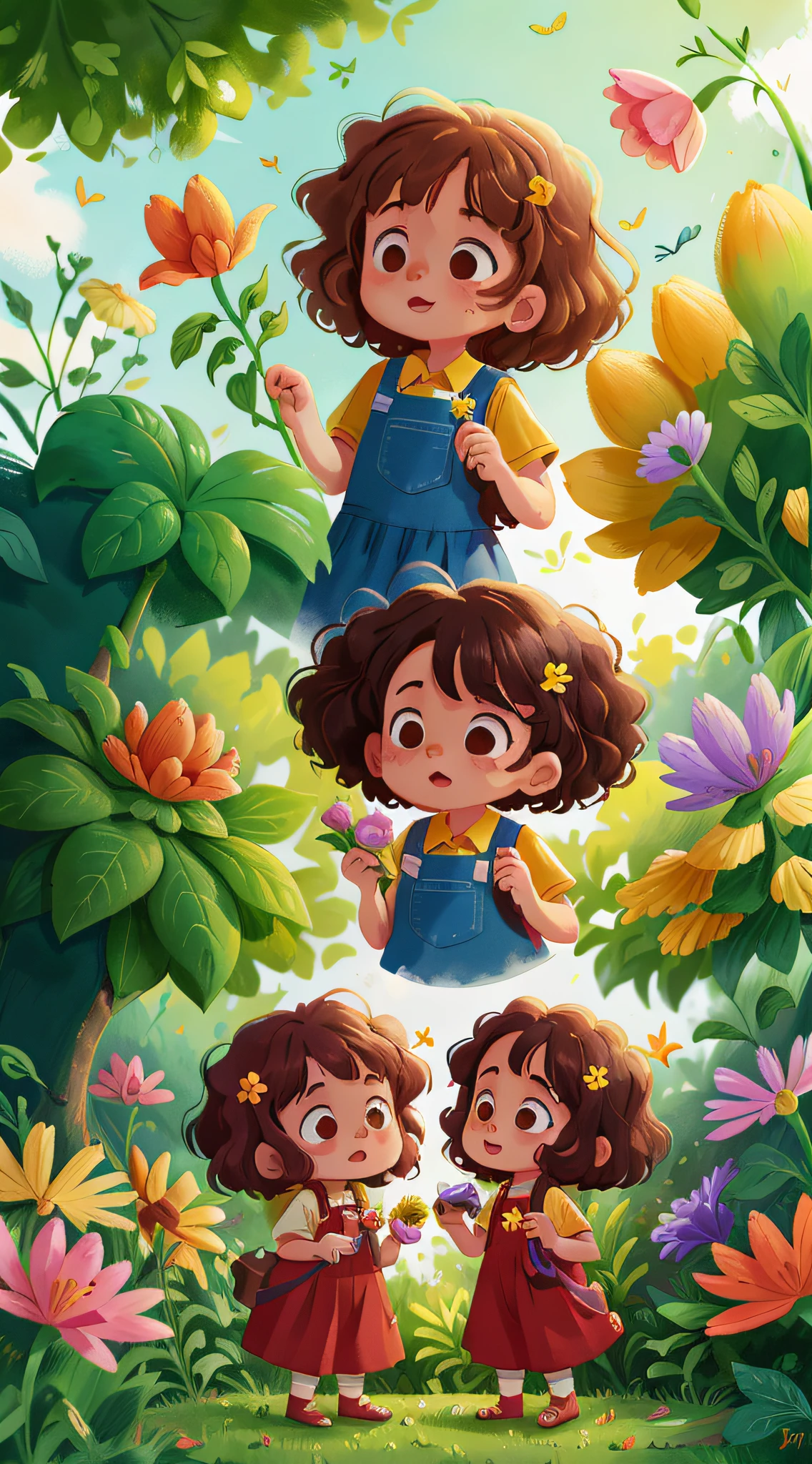Two girls, twins, curly brown hair, picking flowers in the garden