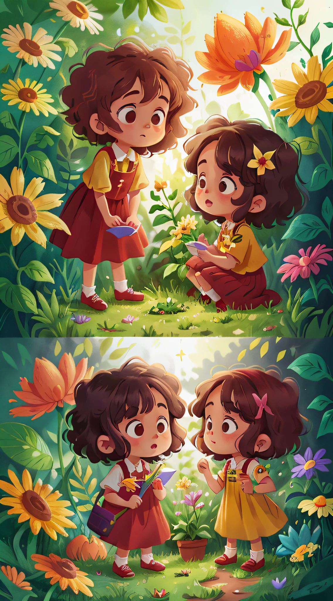 Two girls, twins, curly brown hair, picking flowers in the garden