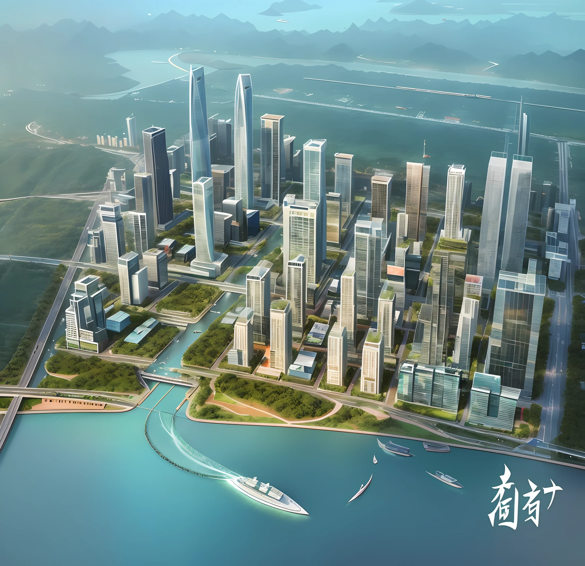 There is a big city with a ship in the middle, Guangzhou, the city, mixed development, ultra-fine, ultra-realistic, meticulous, port city, tropical coastal city, super detailed, with high detail, beautiful future city, super detailed, office building, glass curtain wall, there is an island in the city, there are trees on the island, there are tall buildings on the island, greenery, trees, roads surround the city, the city at night, the office building has lights