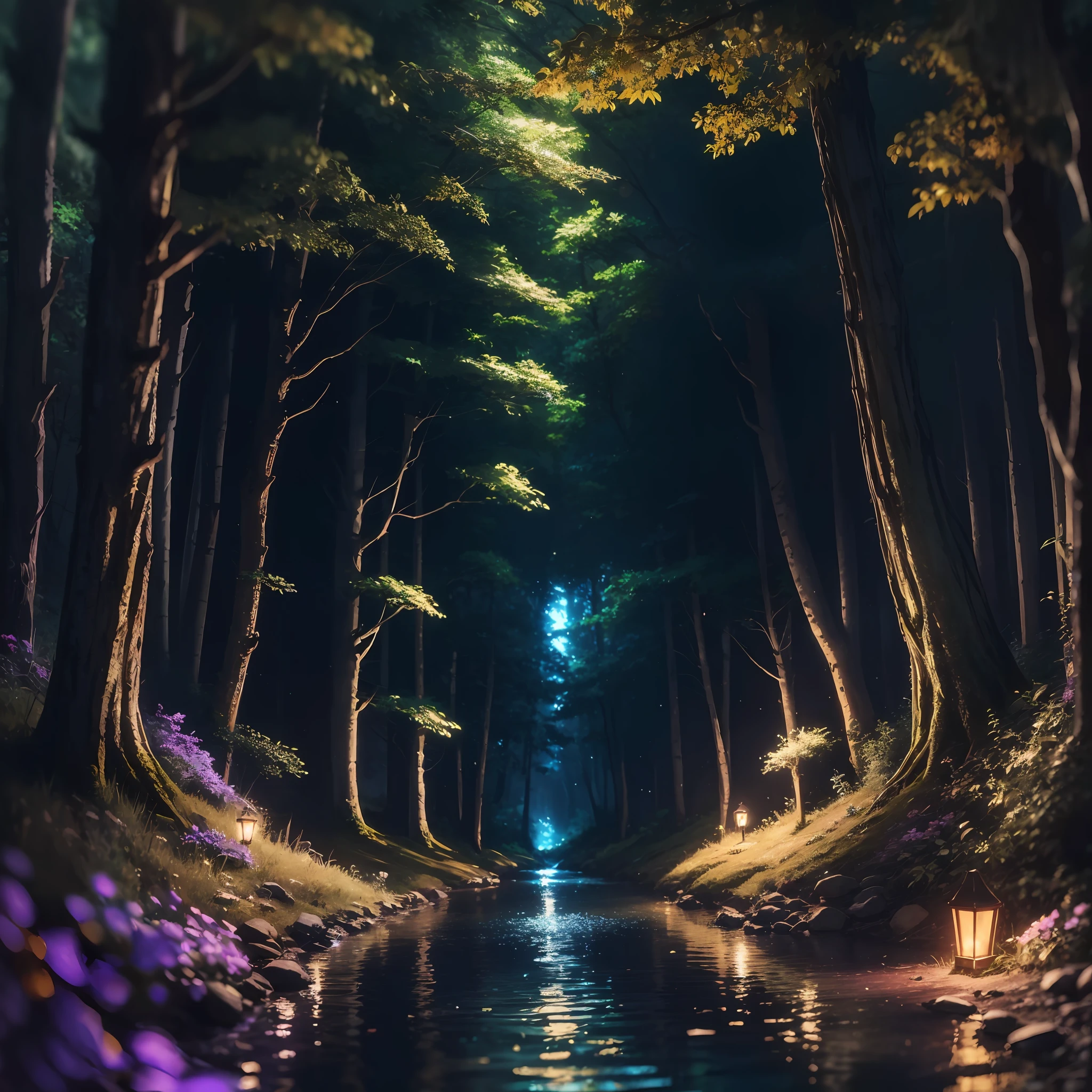 a picture taken from a video game of a forest with a stream of water, magical forest with fireflies, anime lush john 8k woods, glowing forest, magical forest, magical forest backround, magical environment, firefly forest at night, fireflies flying in the forest, magical fantasy forest, in a magical forest, in the magical forest, glowing lights! digital painting --auto --s2