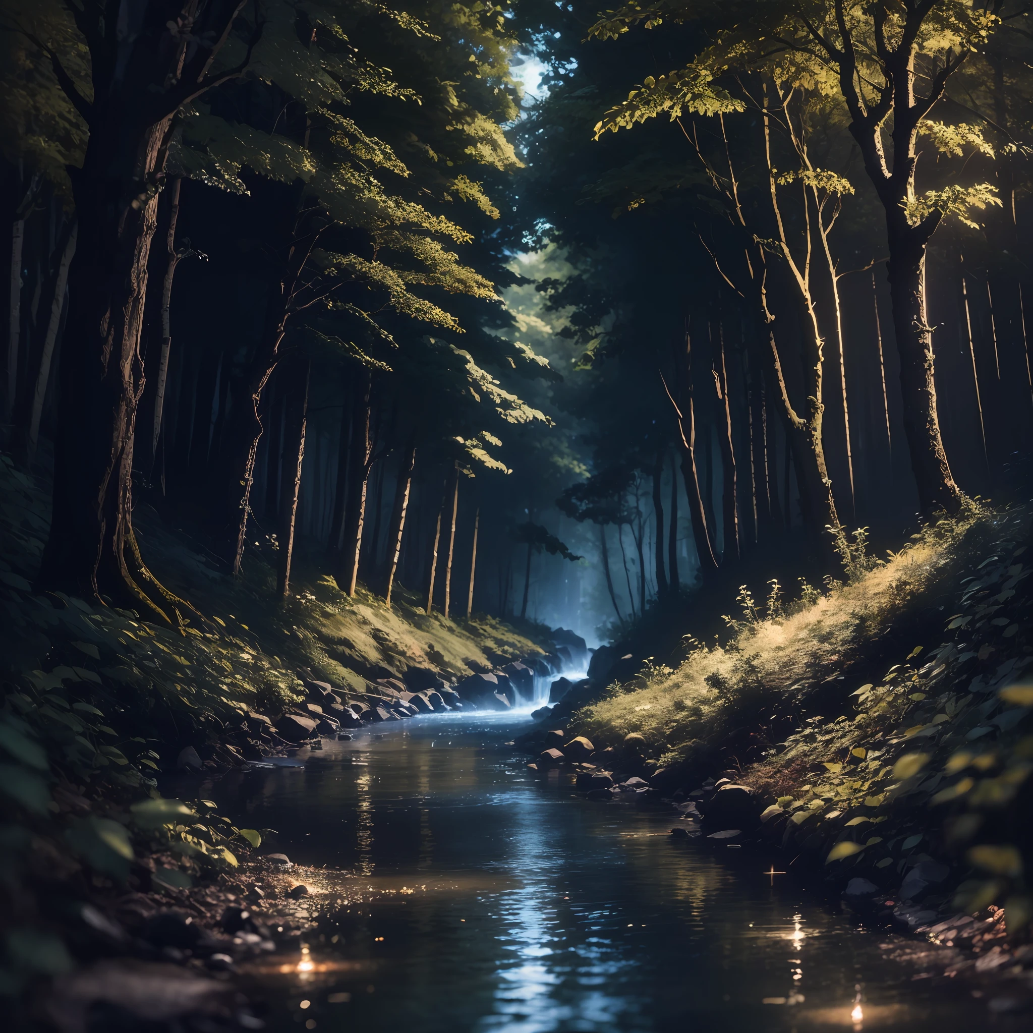 a picture taken from a video game of a forest with a stream of water, magical forest with fireflies, anime lush john 8k woods, glowing forest, magical forest, magical forest backround, magical environment, firefly forest at night, fireflies flying in the forest, magical fantasy forest, in a magical forest, in the magical forest, glowing lights! digital painting --auto --s2