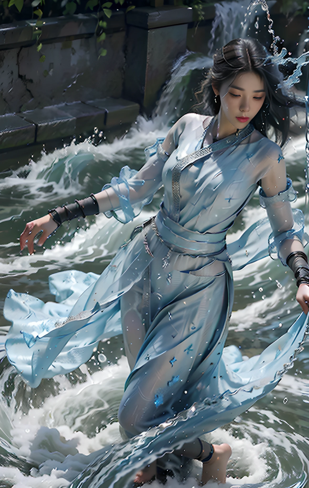 best quality, masterpiece, super high resolution, (realistic: 1.4) 1 girl, beautiful_face, detailed skin, full body, water mage, entangled water magic, manipulating water, water splash, splash, transparent, jewelry, solo, earrings, (water: 1.3), blur, realistic, lips,