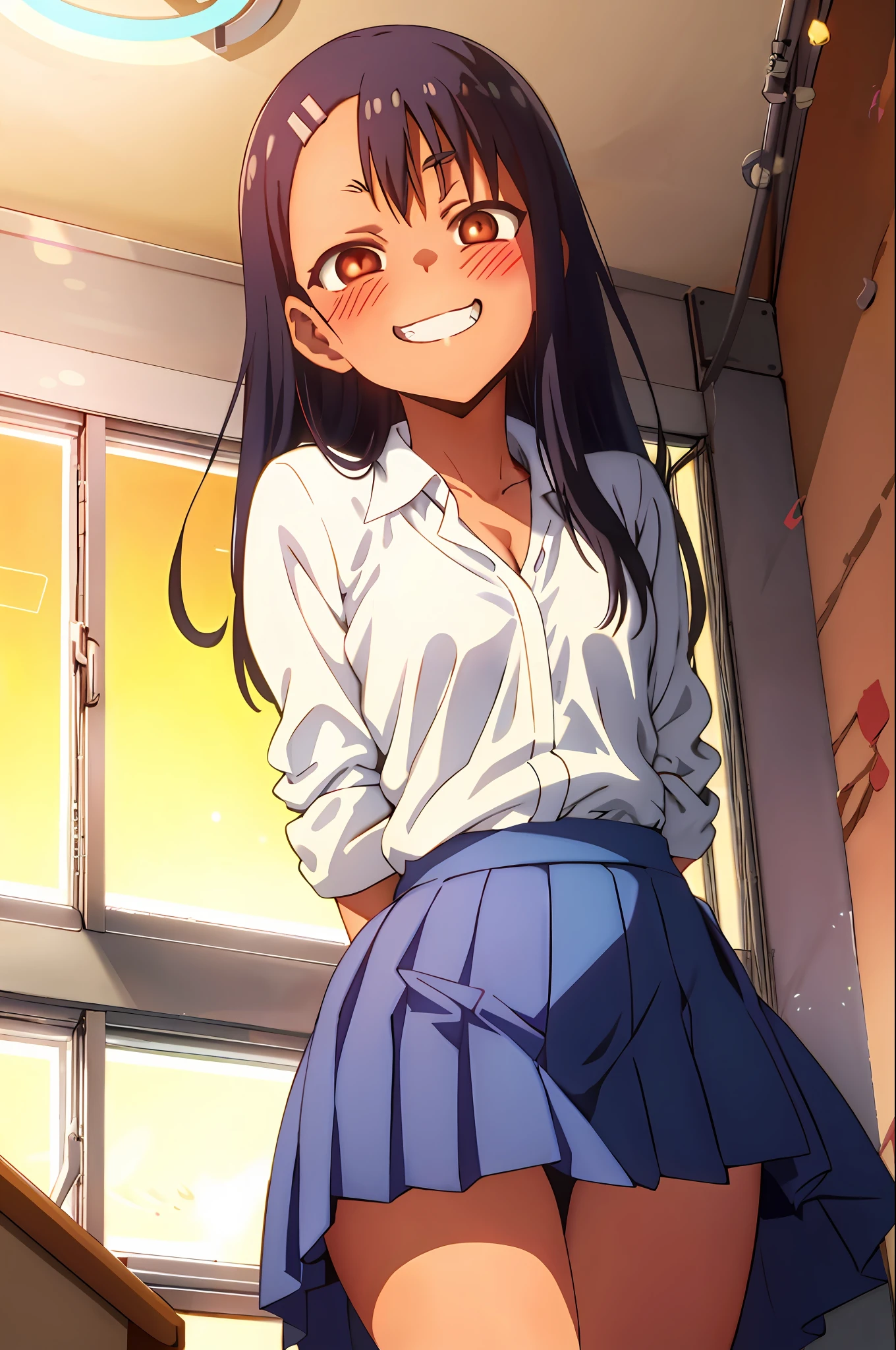 nagatoro hayase, blue skirt, cleavage, small breasts, (from below:1.2), bent over, grin, blush, best quality, masterpiece, perfect lighting, arms behind back,