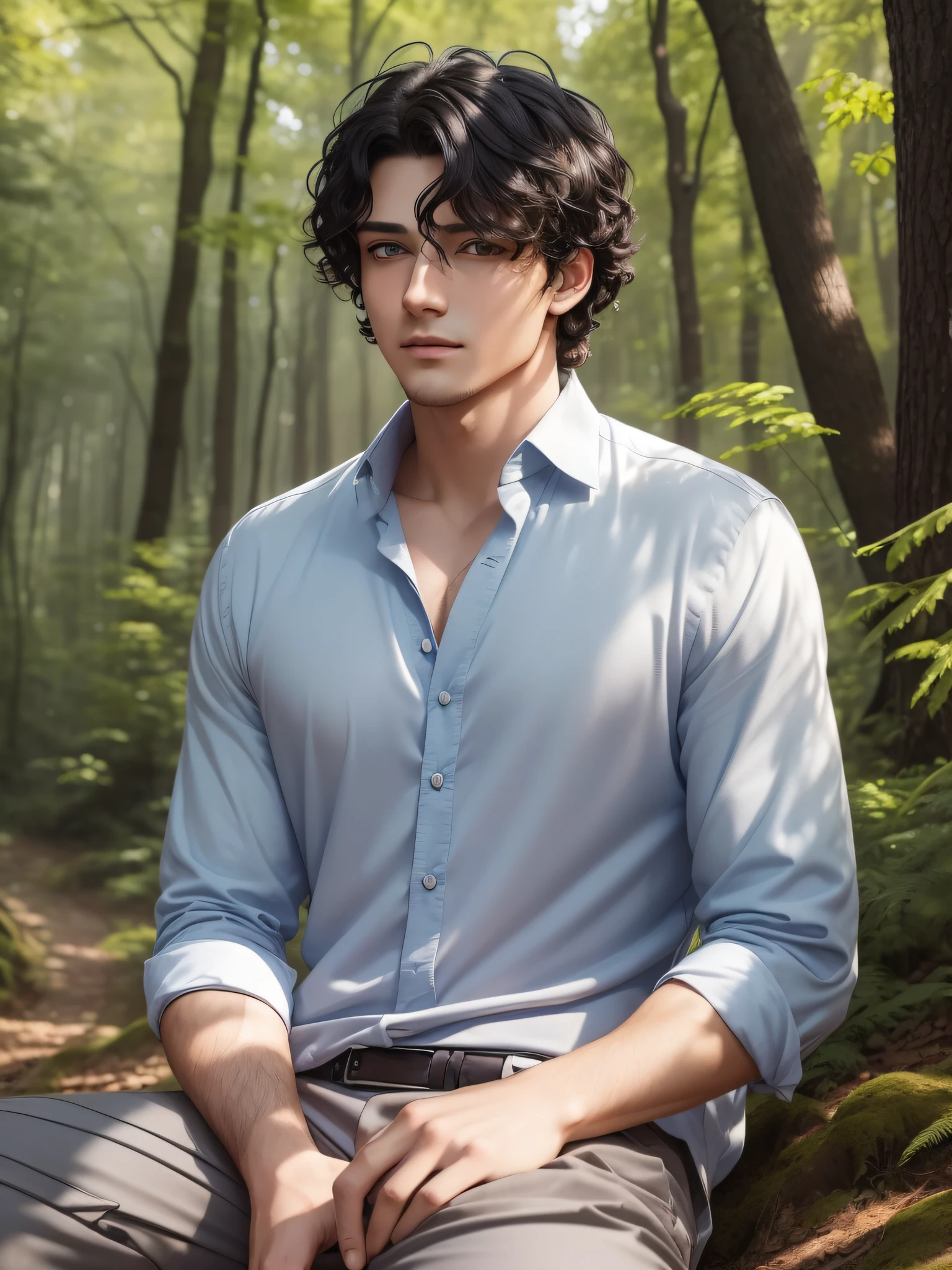 There is a young man with a handsome face and curly black hair and big blue eyes in a sunny forest, a thoughtful attentive expression on a handsome face, full-length, dressed in a gray simple old style long shirt and old style pants, ((masterpiece)), (best quality)