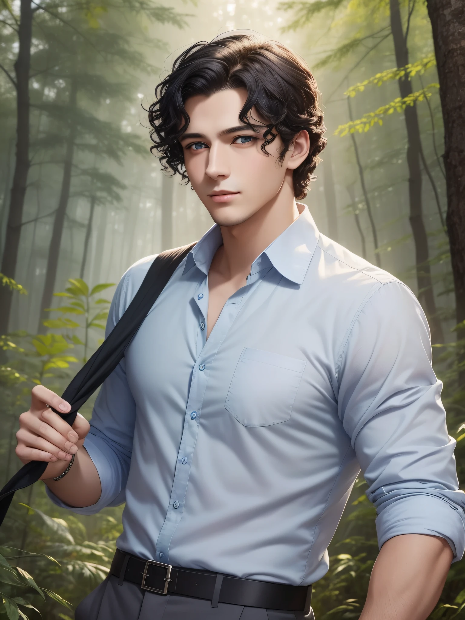 There is a young man with a handsome face and curly black hair and big blue eyes in a sunny forest, a thoughtful attentive expression on a handsome face, full-length, dressed in a gray simple old style long shirt and old style pants, ((masterpiece)), (best quality)