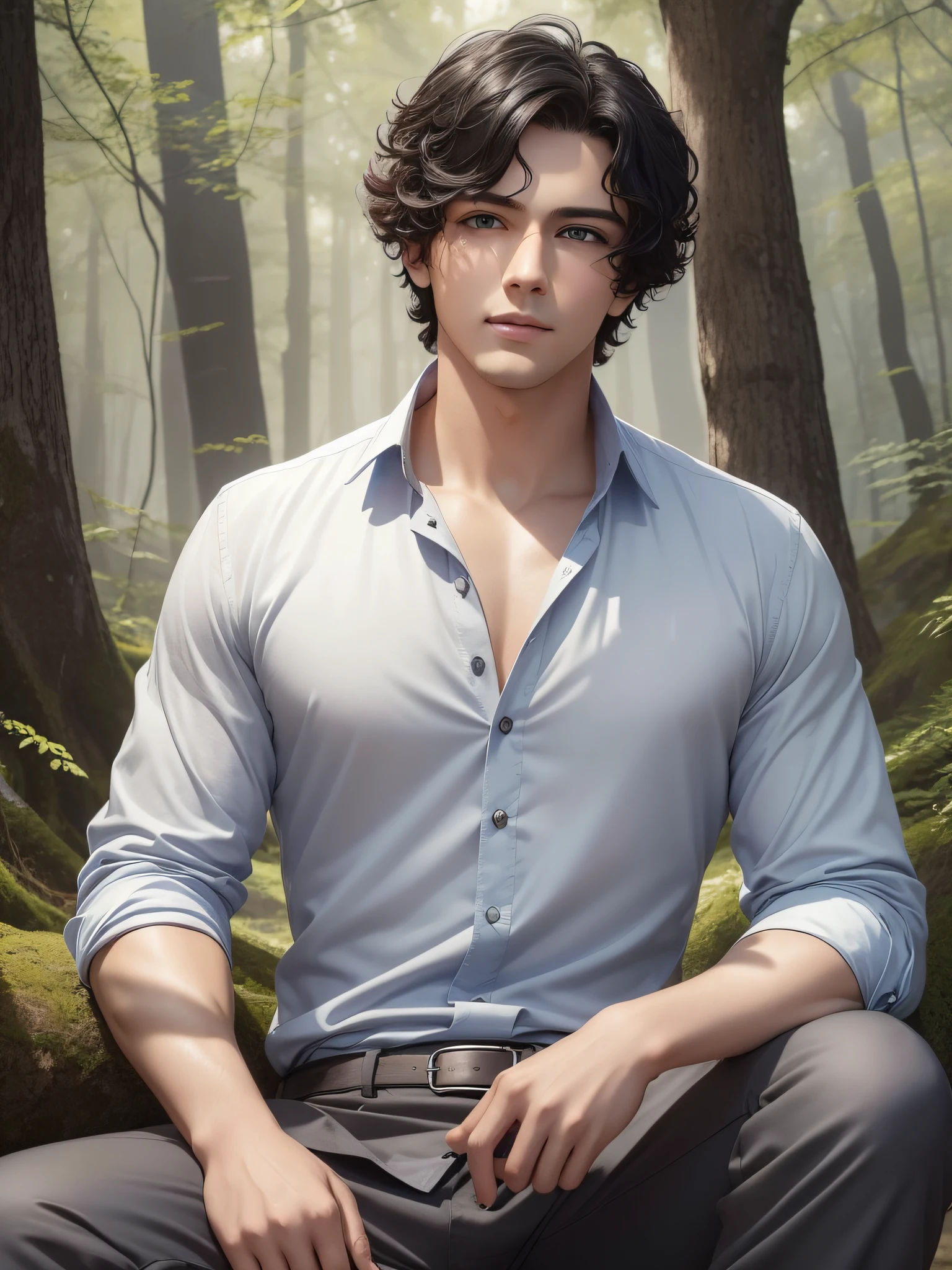 There is a young man with a handsome face and curly black hair and big blue eyes in a sunny forest, a thoughtful attentive expression on a handsome face, full-length, dressed in a gray simple long unbuttoned old-style tunic and old-style pants, ((masterpiece)), (best quality)