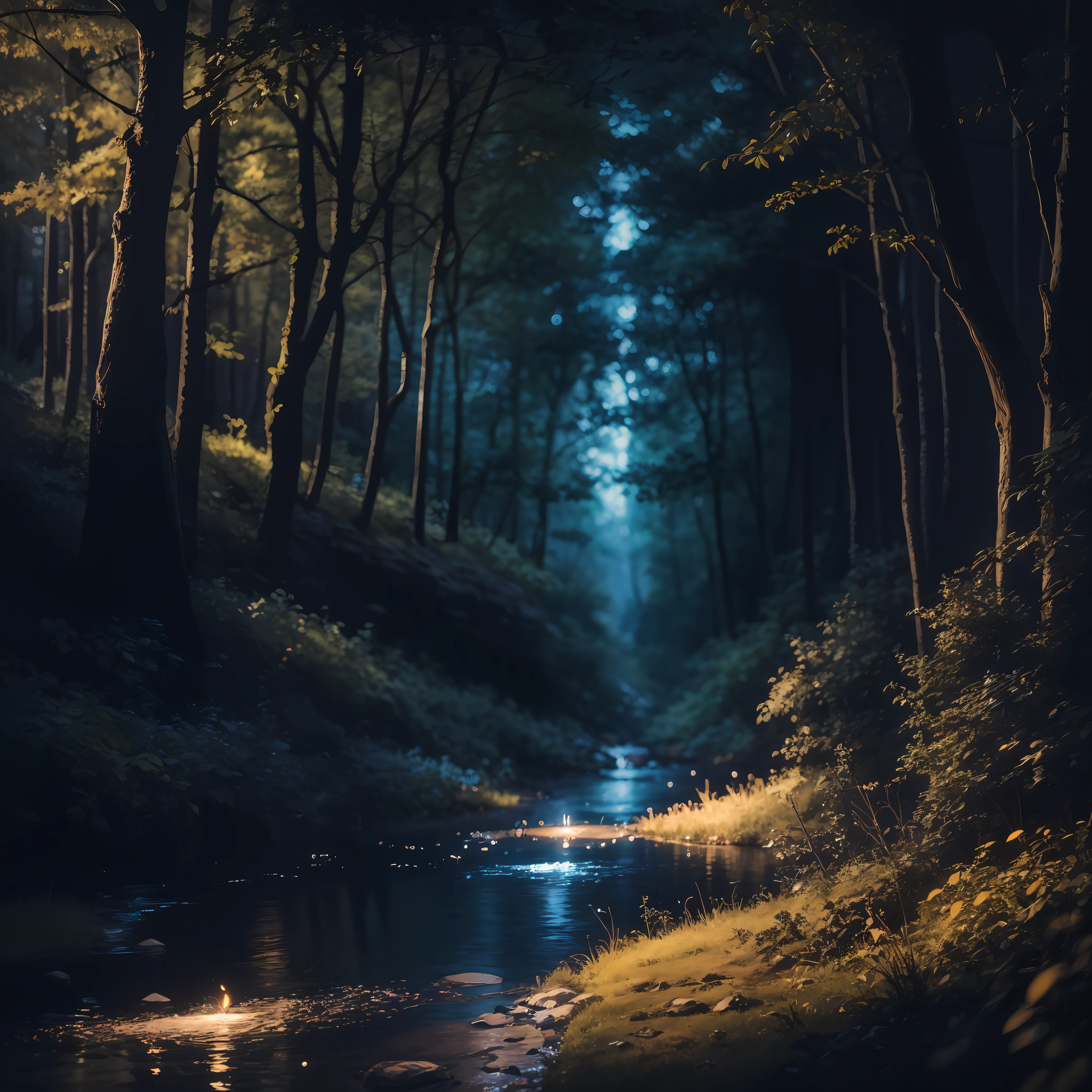 a picture taken from a video game of a forest with a stream of water, magical forest with fireflies, anime lush john 8k woods, glowing forest, magical forest, magical forest backround, magical environment, firefly forest at night, fireflies flying in the forest, magical fantasy forest, in a magical forest, in the magical forest, glowing lights! digital painting --auto --s2