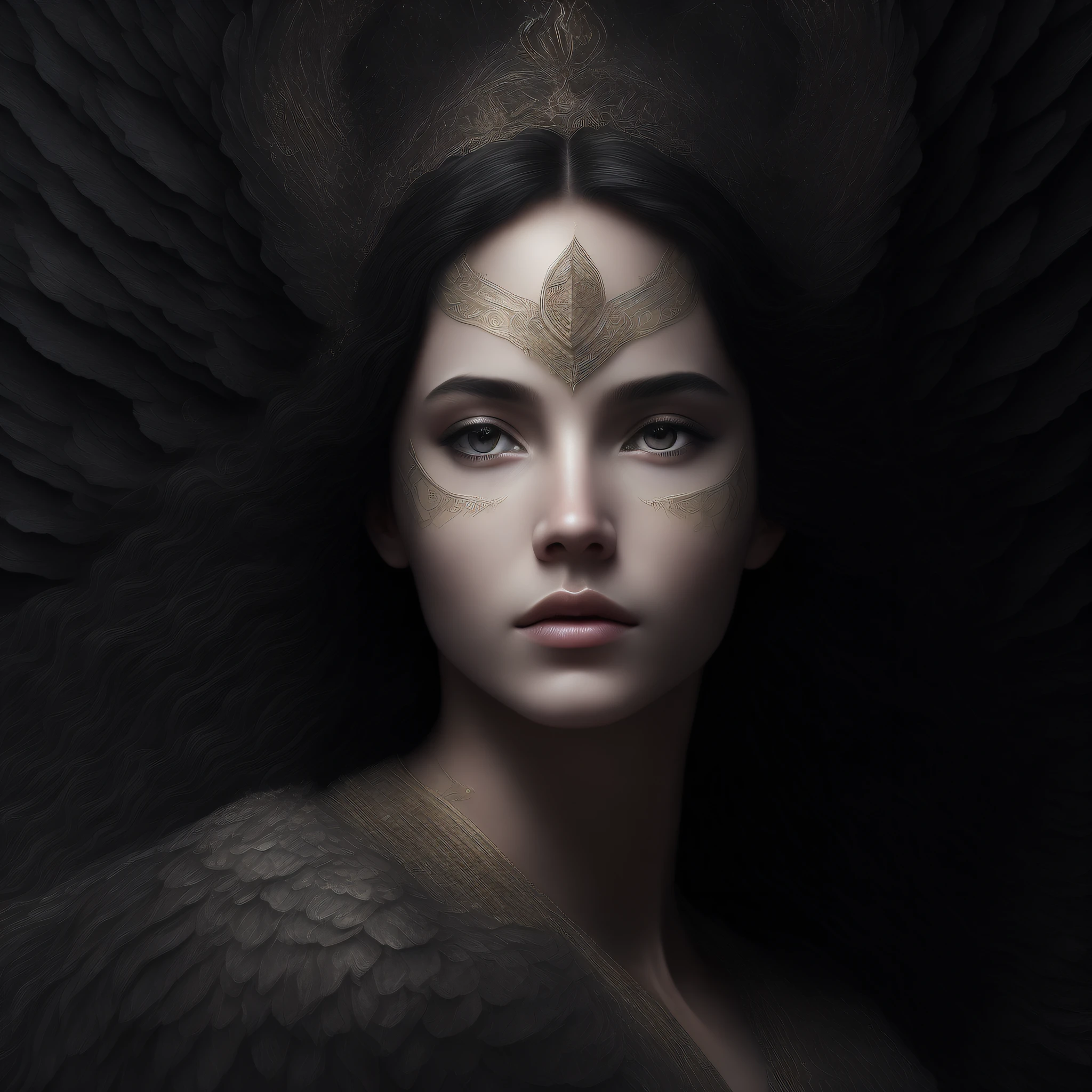 On wings of gossamer an angel arises from the dark, detailed face
