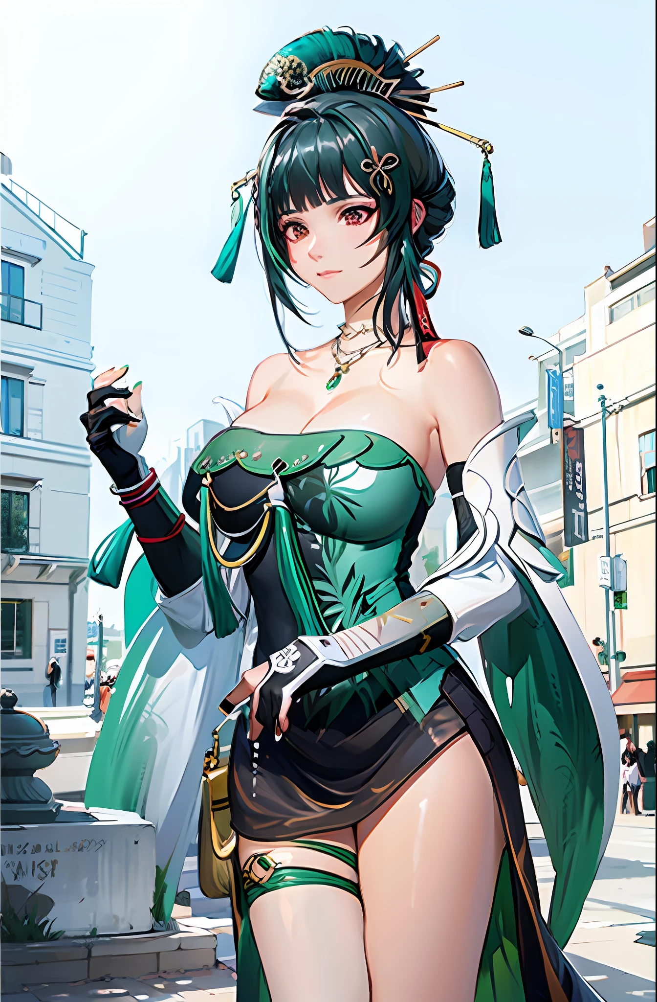 (masterpiece, top quality, best quality, official art, beautiful and aesthetic:1.2), (1 girl), extreme detailed, colorful, highest detailed, (large breasts:1.2,) upper body, from above, hanying, black china dress, green hair, red eyes, Hairpin, single bun,hair ornament, long sleeves, wide sleeves, dragon pattern dress, leg bandage, leaning wall, in china city, ancient street, sun,