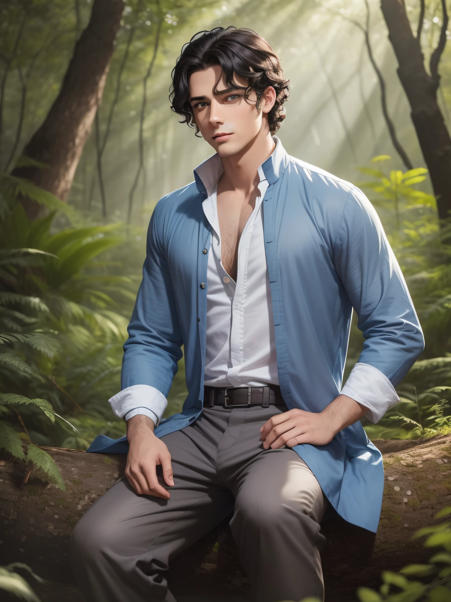 There is a young man with a handsome face and curly black hair and big blue eyes in a sunny forest, a thoughtful attentive expression on a handsome face, full-length, dressed in a gray simple long unbuttoned old-style tunic and old-style pants, ((masterpiece)), (best quality)