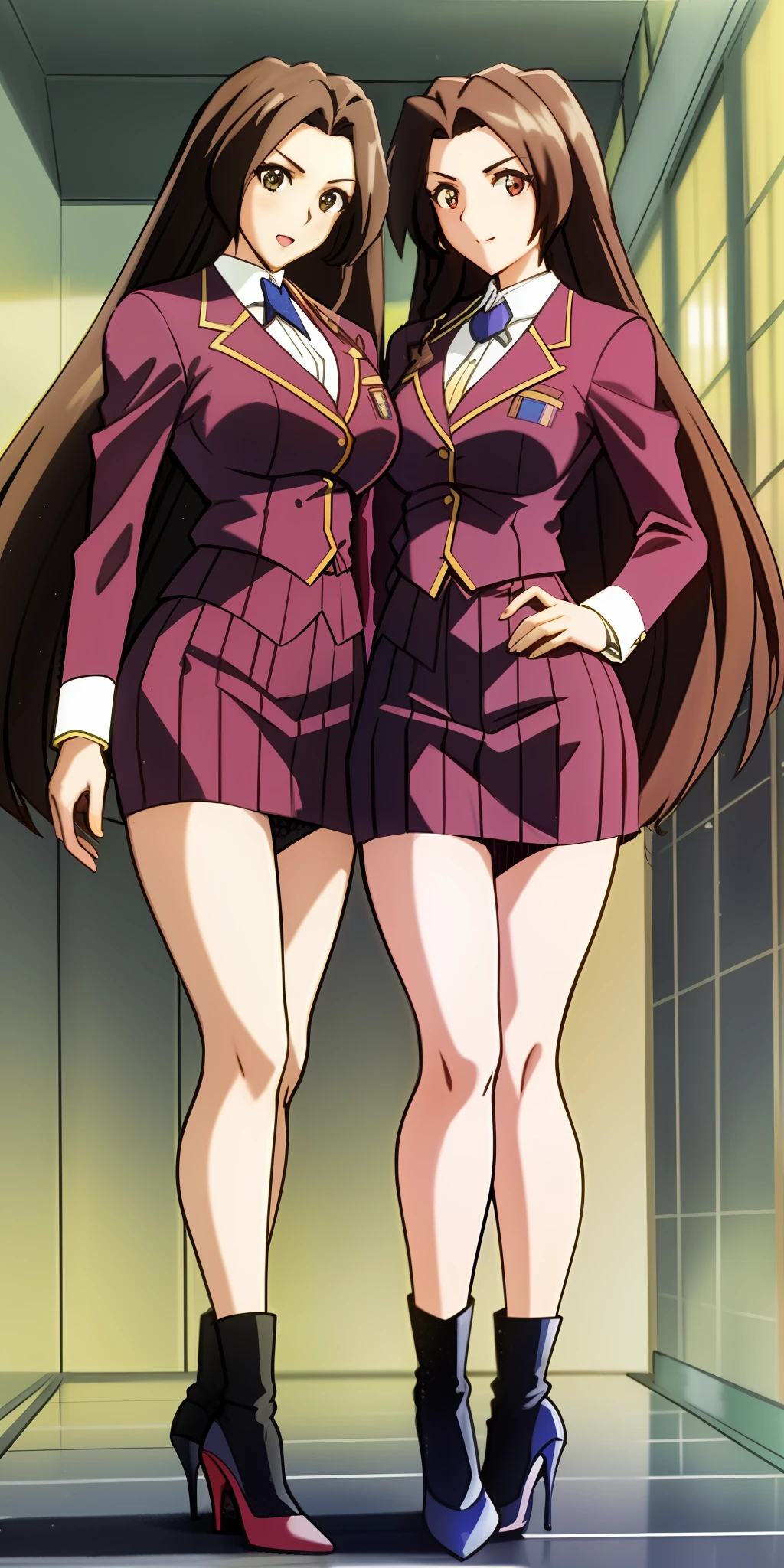 2girls, identical twin sisters, long curly brown hair, matching hairstyle, large_breasts, ErinaSkirtSuit, skirt suit, short skirt, high heels, matching outfits, extremely detailed, strutting