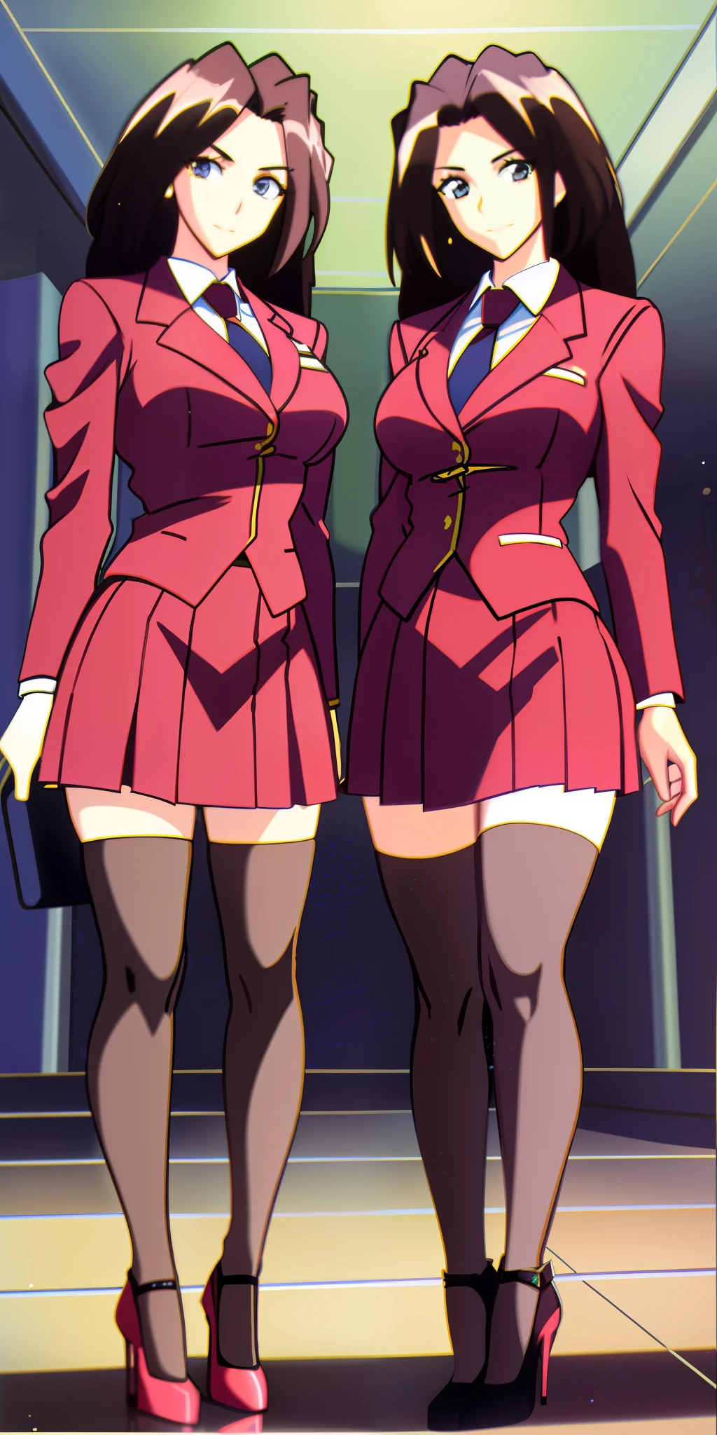 2girls, identical twin sisters, long curly brown hair, matching hairstyle, large_breasts, ErinaSkirtSuit, skirt suit, short skirt, high heels, matching outfits, extremely detailed, strutting
