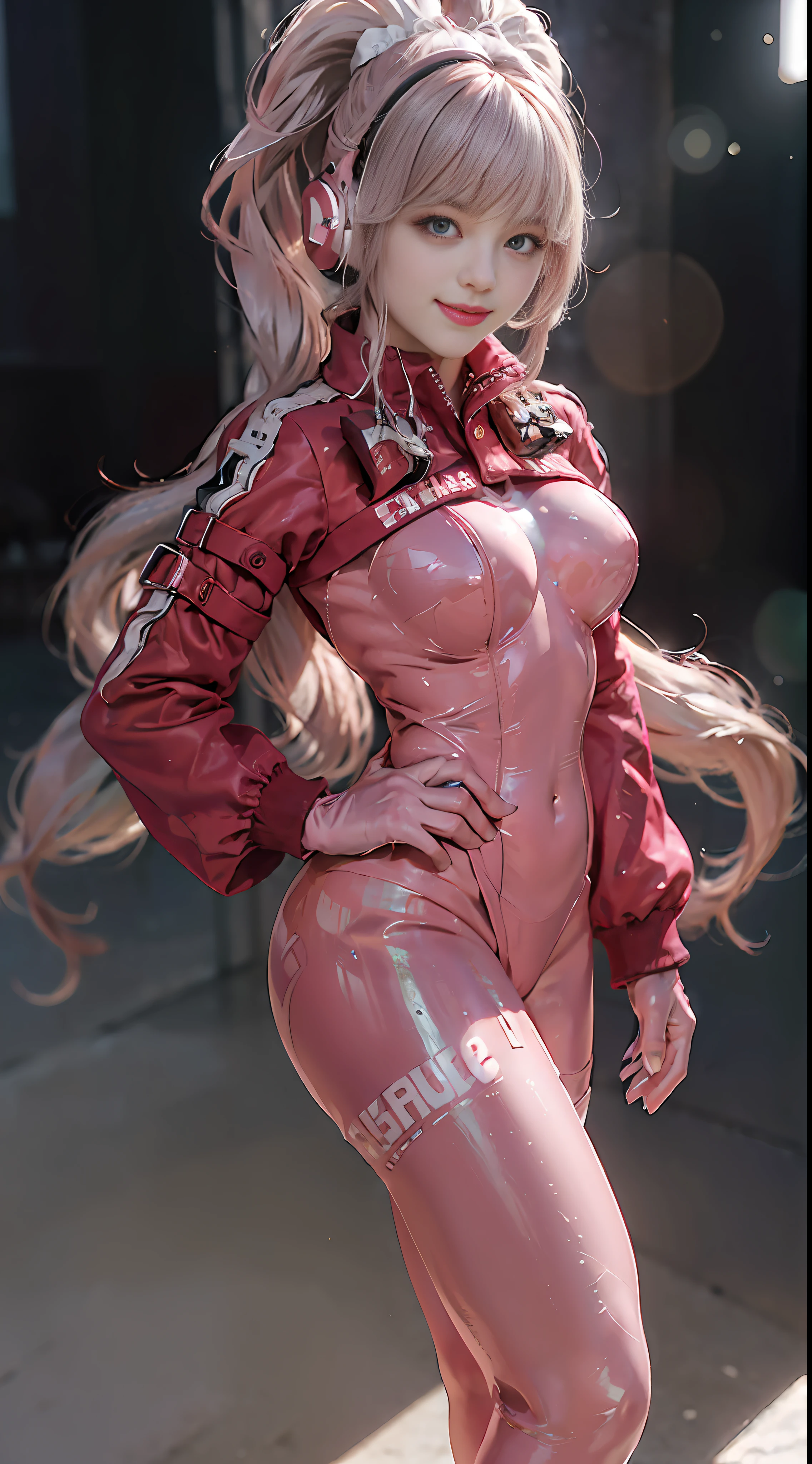 (Extreme detail CG Unity 8K wallpaper, masterpiece, highest quality), (exquisite lighting and shadow, highly dramatic picture, cinematic lens effect), (Sailor Moon: 1.1), charming smile, double tail, blue eyes, blond hair, tight top, white gloves, mini skirt, dynamic pose), the background is the universe (excellent detail, excellent lighting, wide angle), (excellent rendering, enough to stand out in its class),bangs, bodysuit, covered navel, cropped jacket, gloves, headphones, impossible bodysuit, jacket, long hair, long sleeves, looking at viewer, parted lips, pink bodysuit, pink eyes, pink hair, puffy sleeves, red jacket, shrug , ((cute smile)) ,