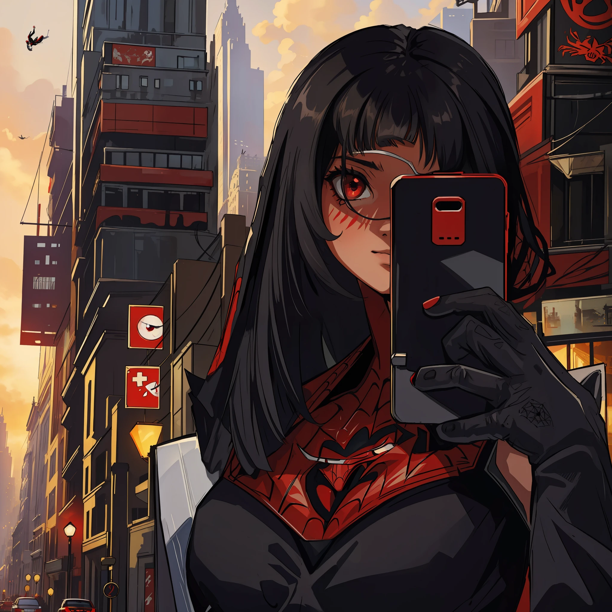 (masterpiece, best quality), intricate details, 8k, artstation, wallpaper, official art, splash art, sharp focus,
1girl, medium hair, red eyes, black hair, 
 spider suit, spider web printing, spider web,  
skyscrapers, city, buildings, cars, street,