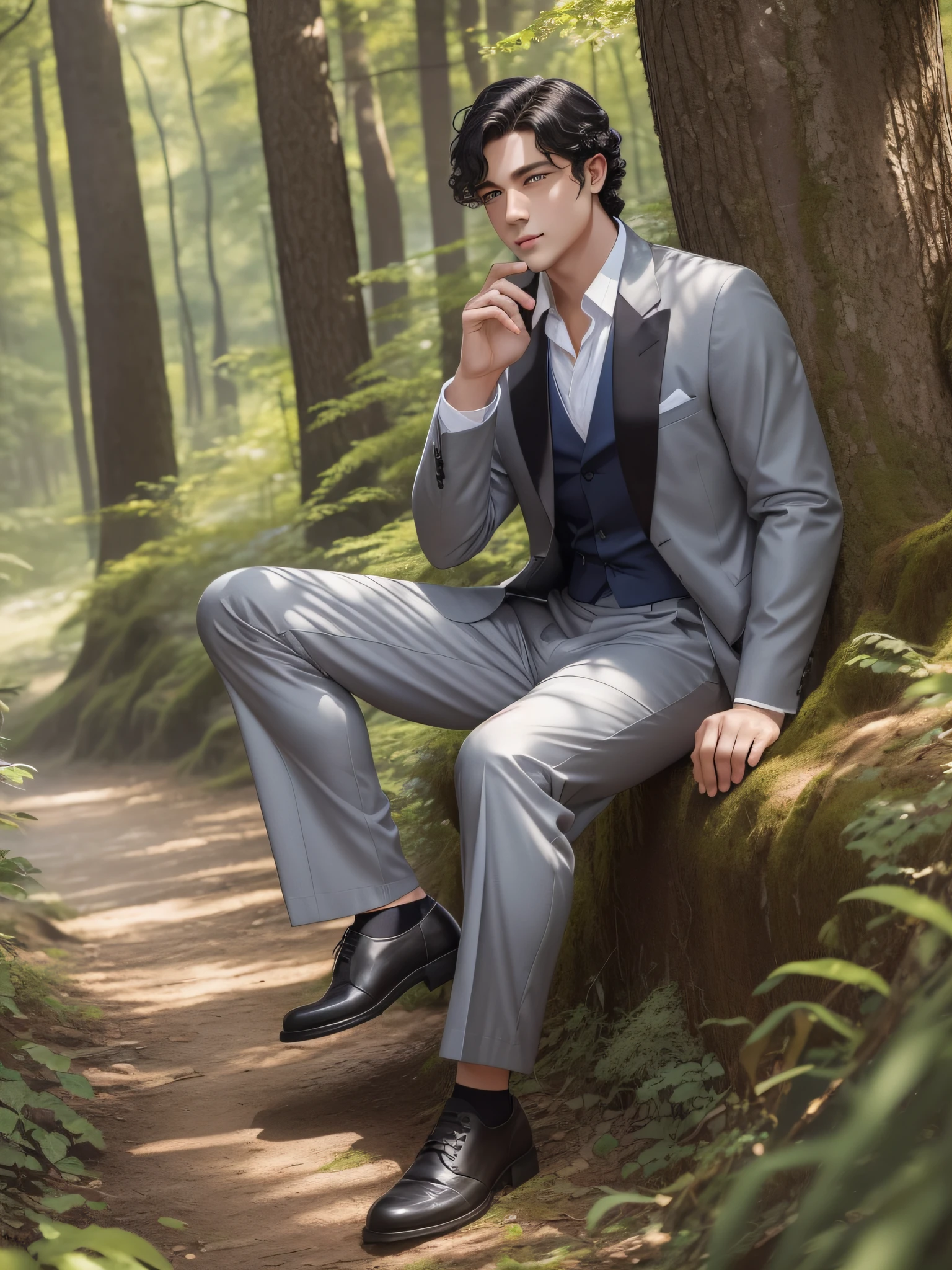 There is a young man with a handsome face and curly black hair and big blue eyes in a sunny forest, a thoughtful attentive expression on a handsome face, full-length, dressed in old-style gray long chlamyde and old-style pants, ((masterpiece)), (best quality)