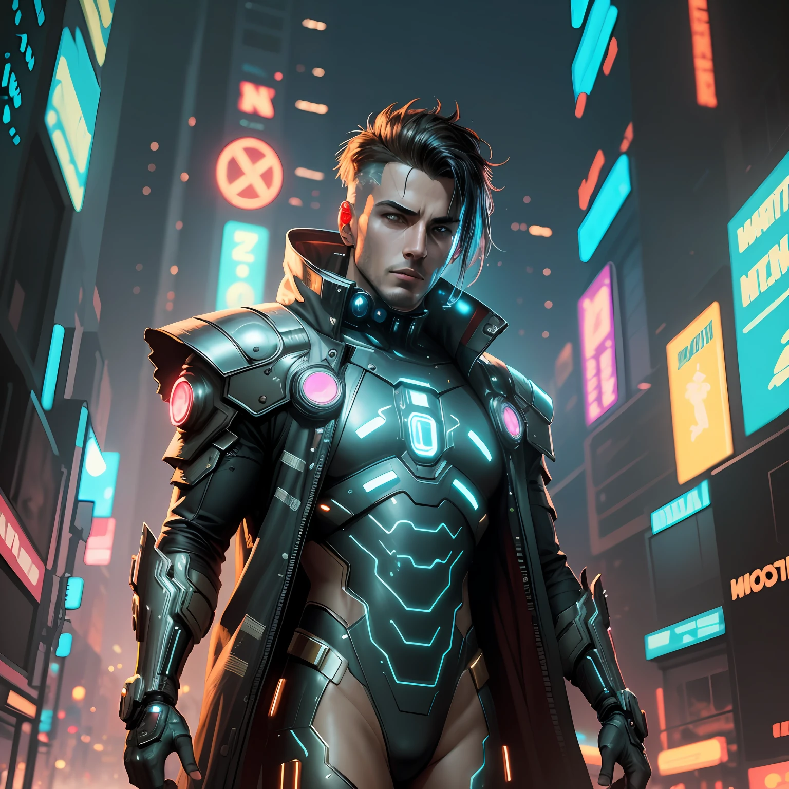 (best quality:1.3), (best performance:1.2), (best illustration:1.2), (Comic style:1.2), (artistic cinematic lighting:1.2) (1man) wearing futuristic technological Cyberpunk electronic robes, his body is covered by metallic parts, in a cinematic horror movie background in a futuristic Cyberpunk city.