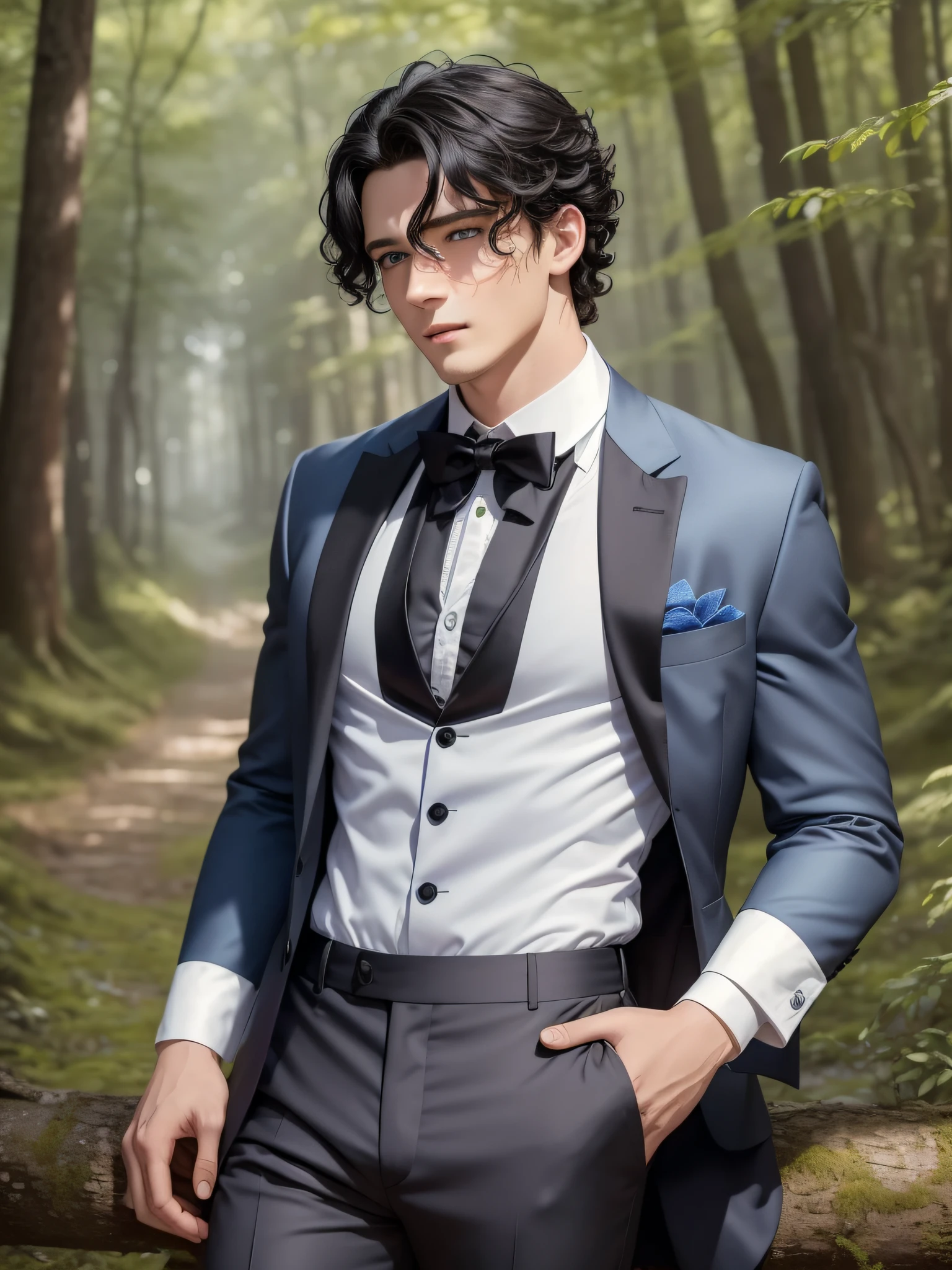 There is a young man with a handsome face and curly black hair and big blue eyes in a sunny forest, a thoughtful attentive expression on a handsome face, full-length, dressed in old-style gray long chlamyde and old-style pants, ((masterpiece)), (best quality)